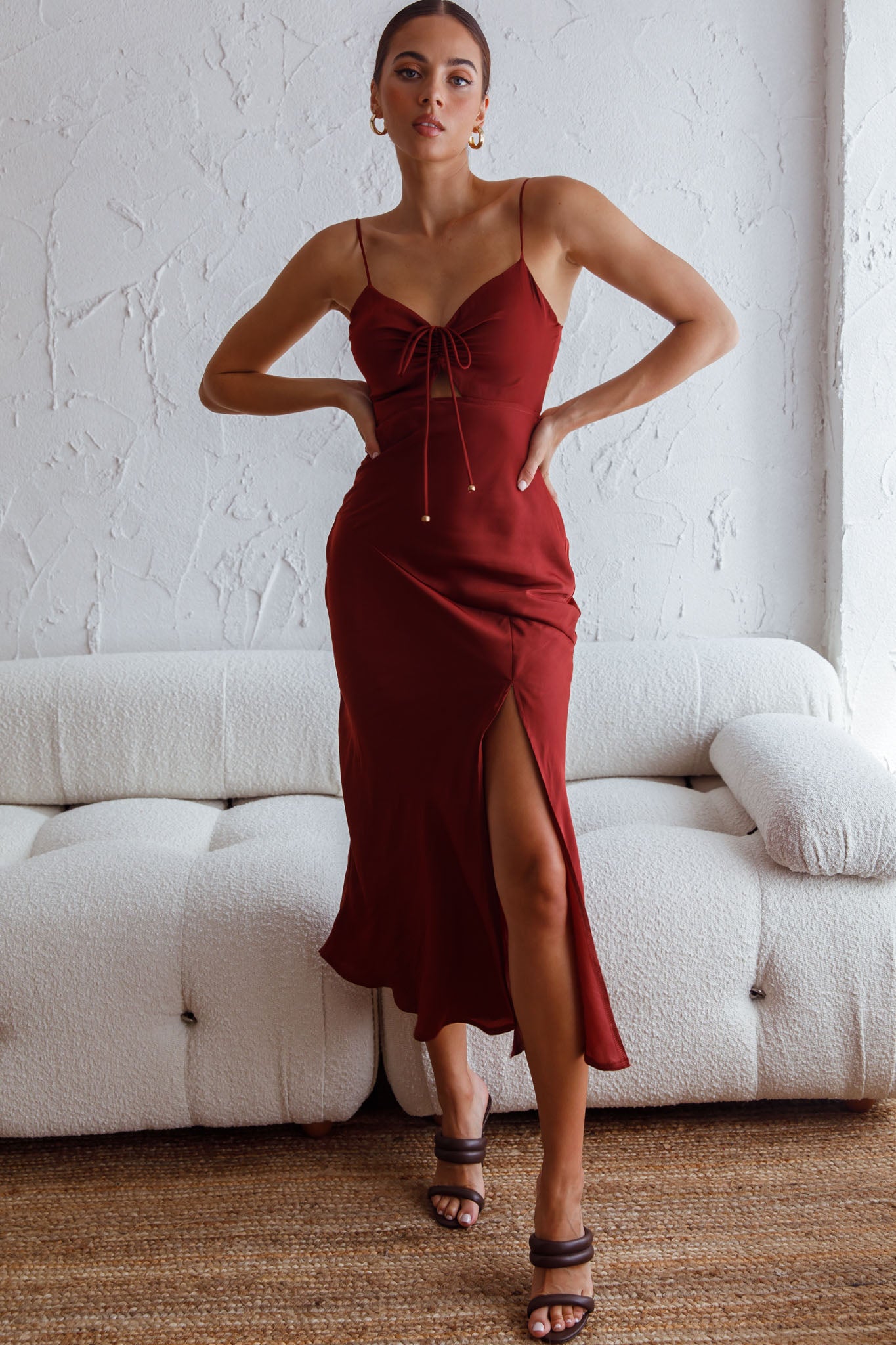 Fondest Memories Ruched Drawstring Bust Lace-Up Back Midi Dress Brown by Selfie Leslie