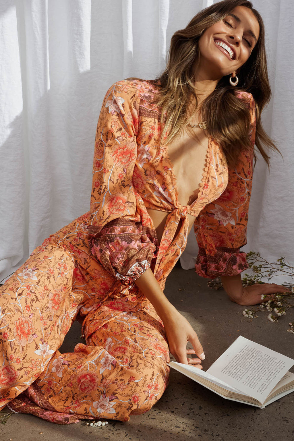 Novo Long Sleeve Tied Front Crop Top Bohemian Print Orange by Selfie Leslie
