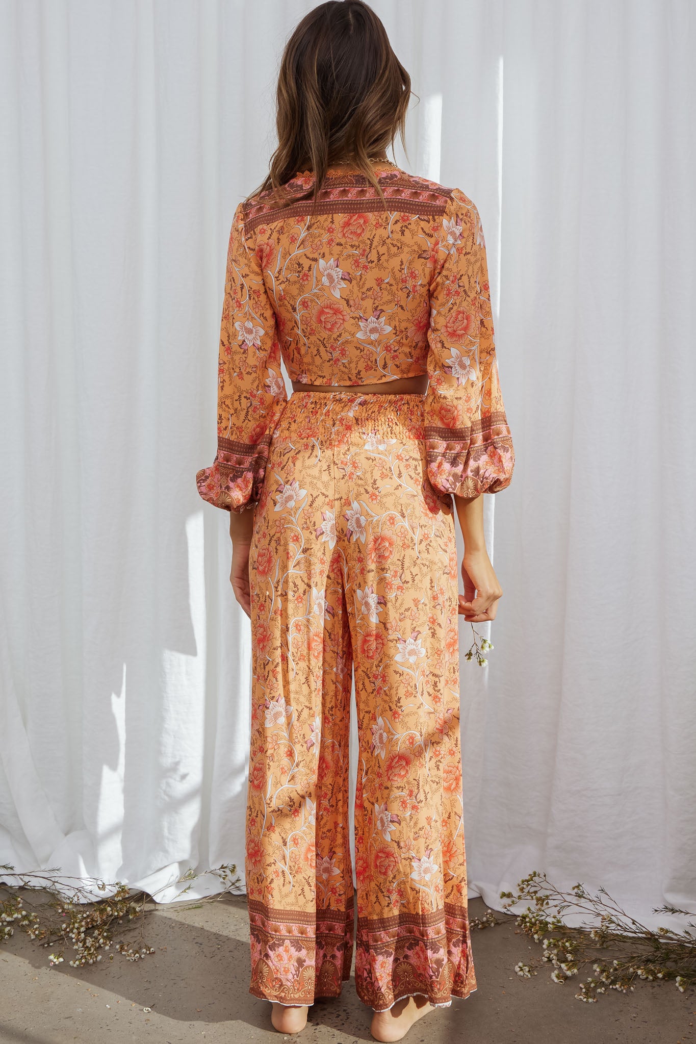 Novo Long Sleeve Tied Front Crop Top Bohemian Print Orange by Selfie Leslie