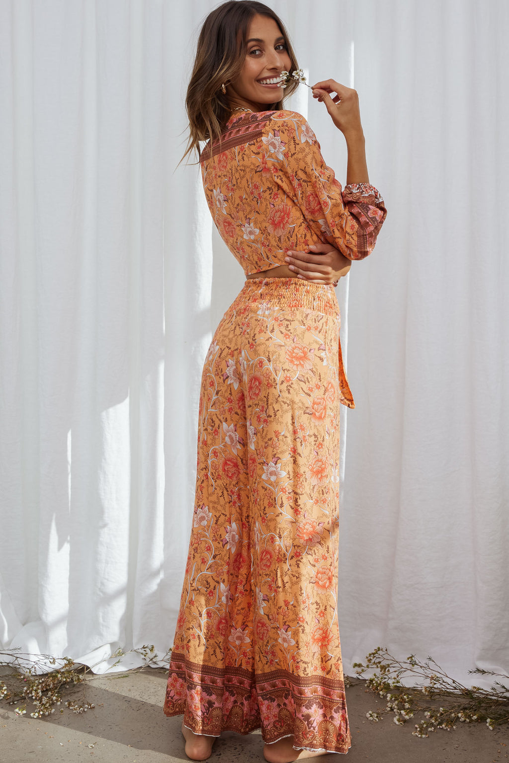 Novo Long Sleeve Tied Front Crop Top Bohemian Print Orange by Selfie Leslie