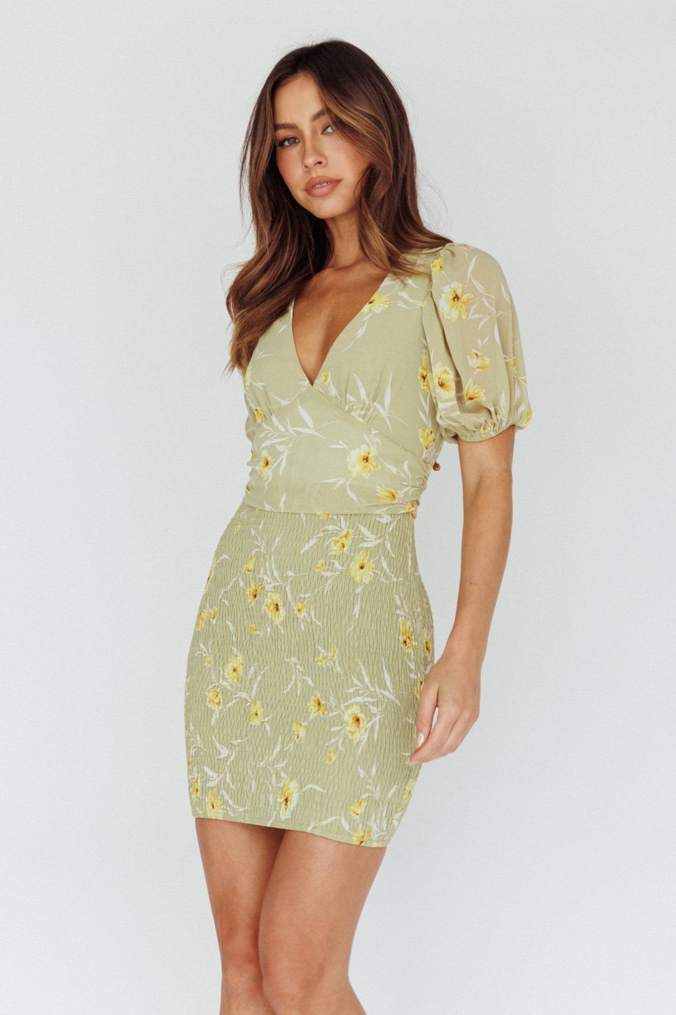 La Nena Shirred Mini Dress Floral Green by Selfie Leslie