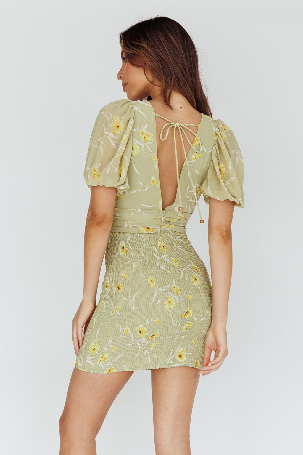 La Nena Shirred Mini Dress Floral Green by Selfie Leslie