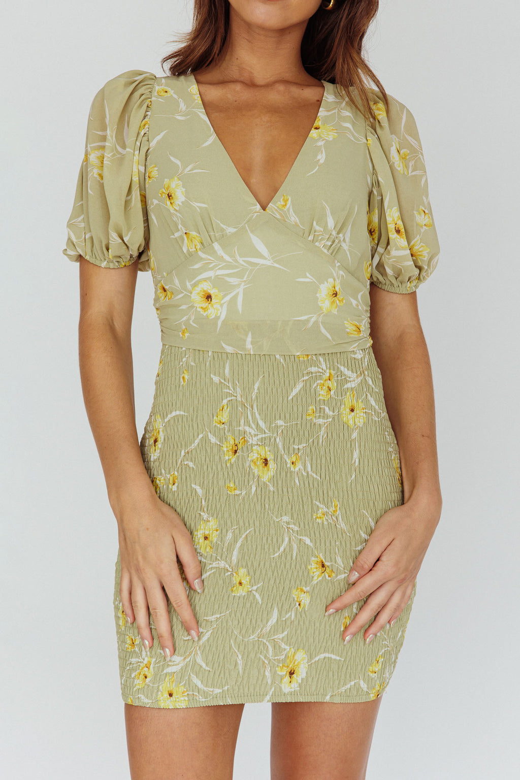 La Nena Shirred Mini Dress Floral Green by Selfie Leslie