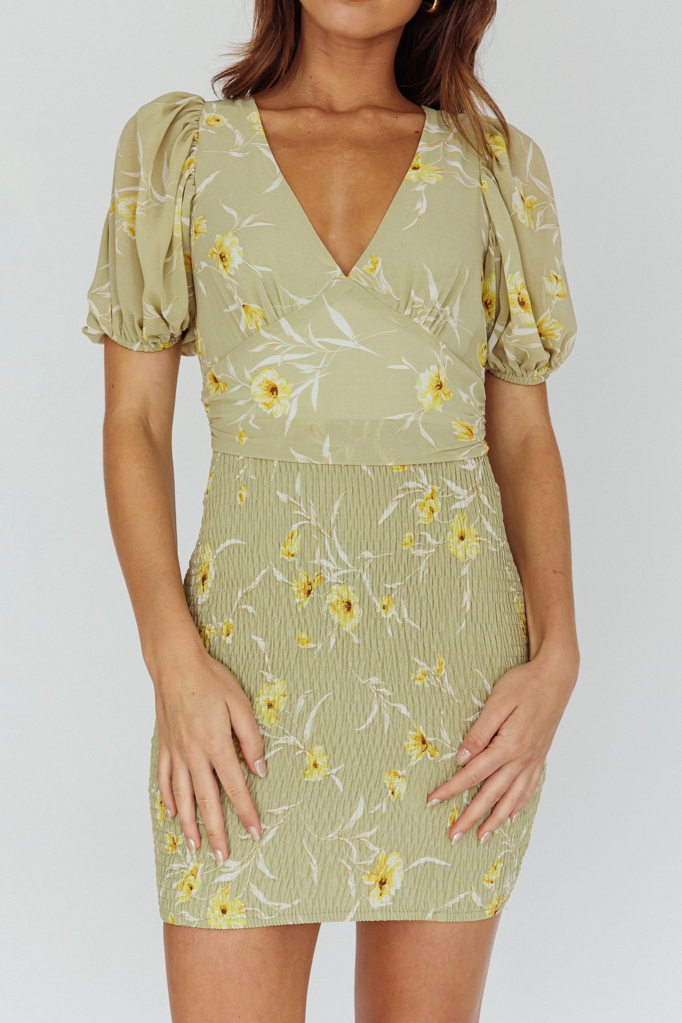 La Nena Shirred Mini Dress Floral Green by Selfie Leslie