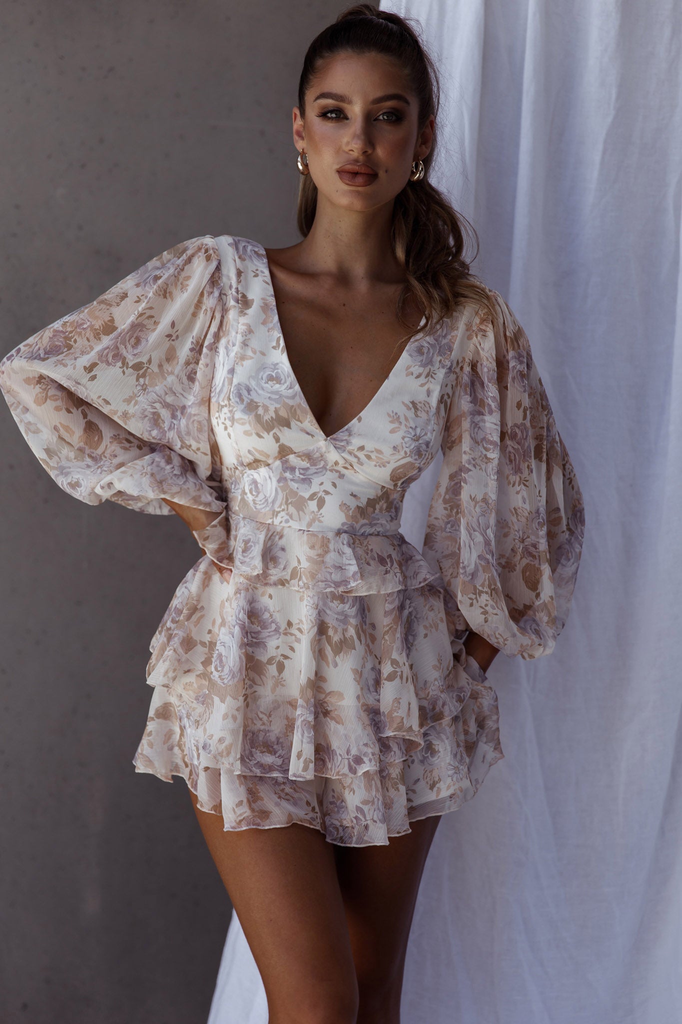 La Nena Frill Trim Flounce Romper Floral Cream by Selfie Leslie