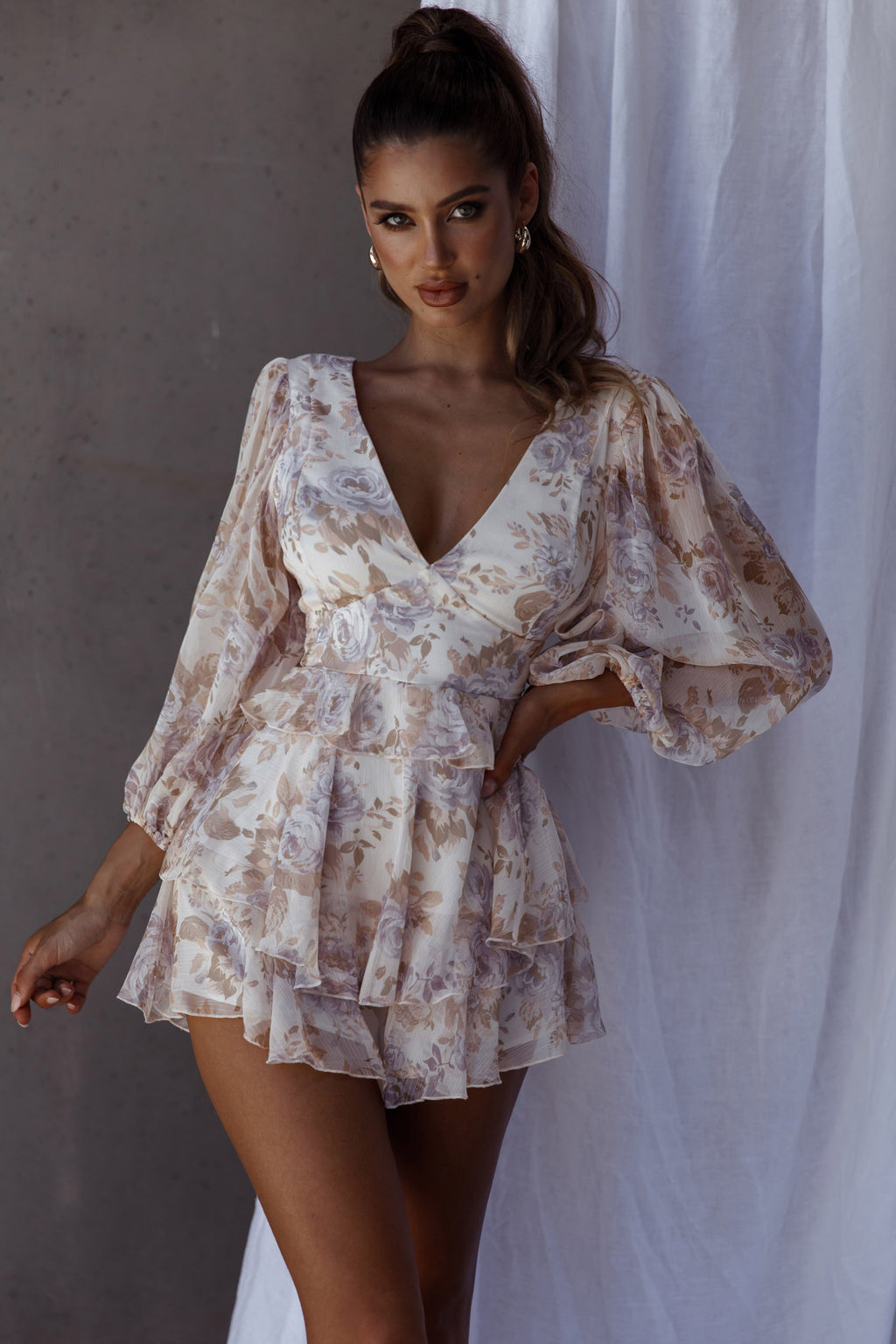 La Nena Frill Trim Flounce Romper Floral Cream by Selfie Leslie