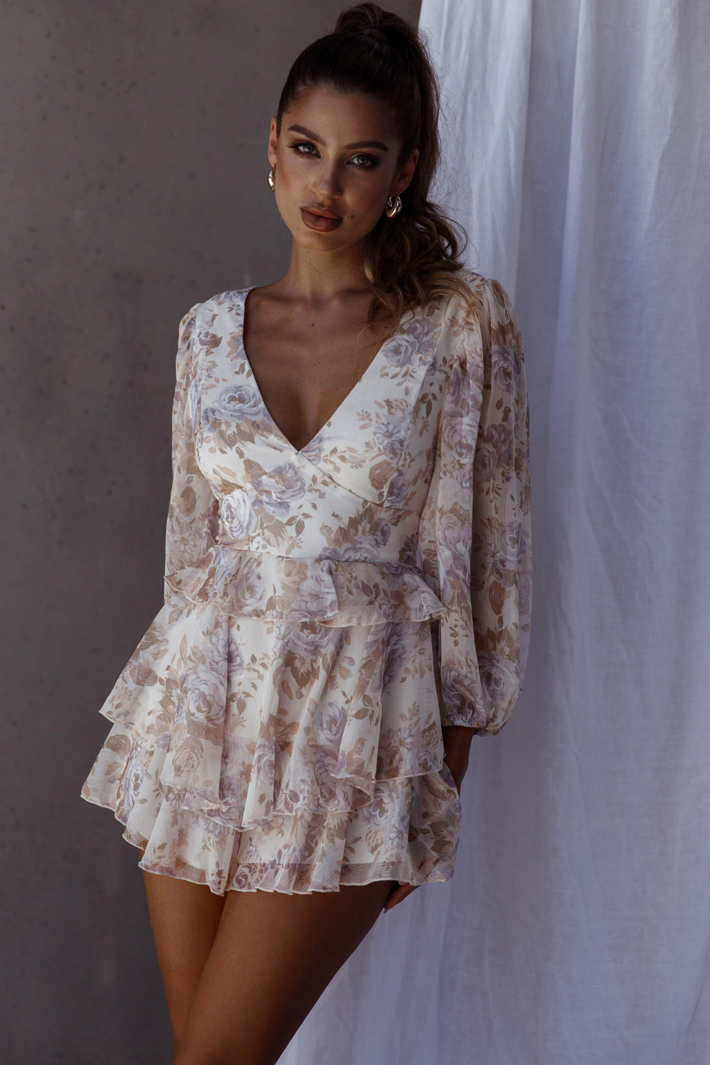 La Nena Frill Trim Flounce Romper Floral Cream by Selfie Leslie
