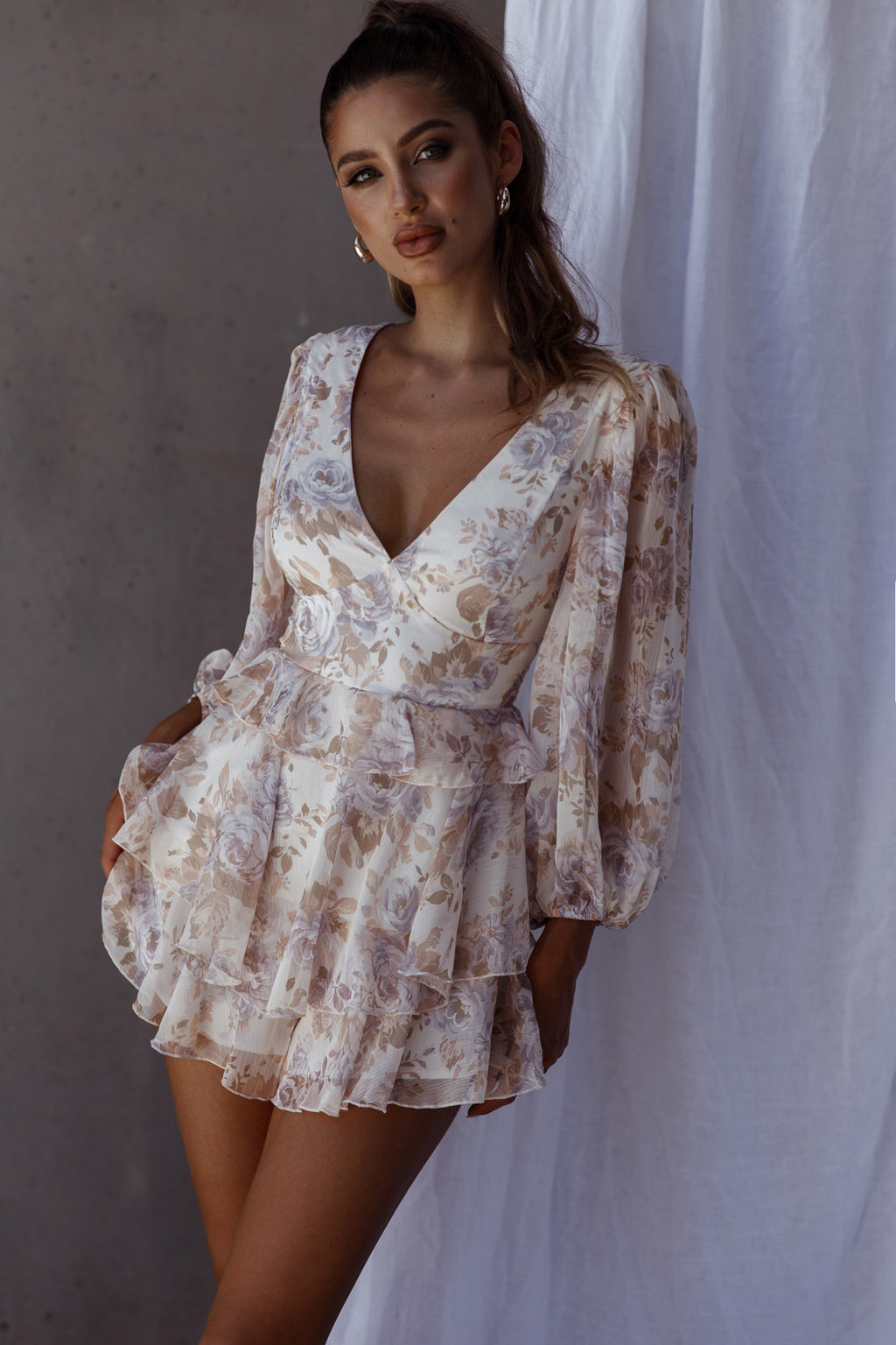 La Nena Frill Trim Flounce Romper Floral Cream by Selfie Leslie