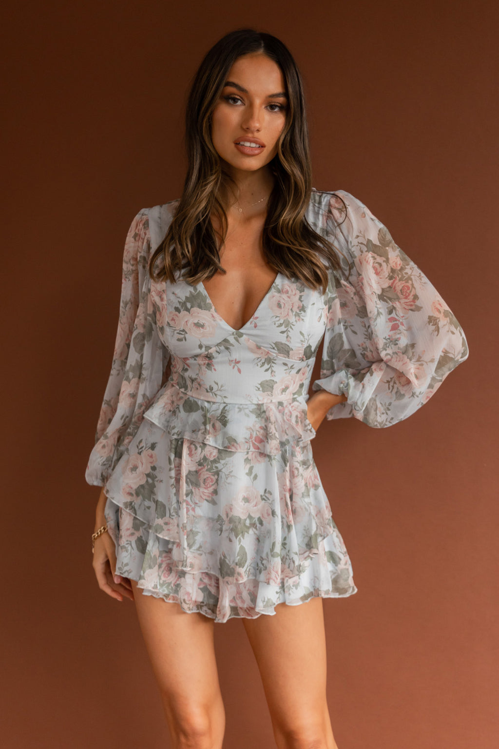 La Nena Frill Trim Flounce Romper Floral Green by Selfie Leslie