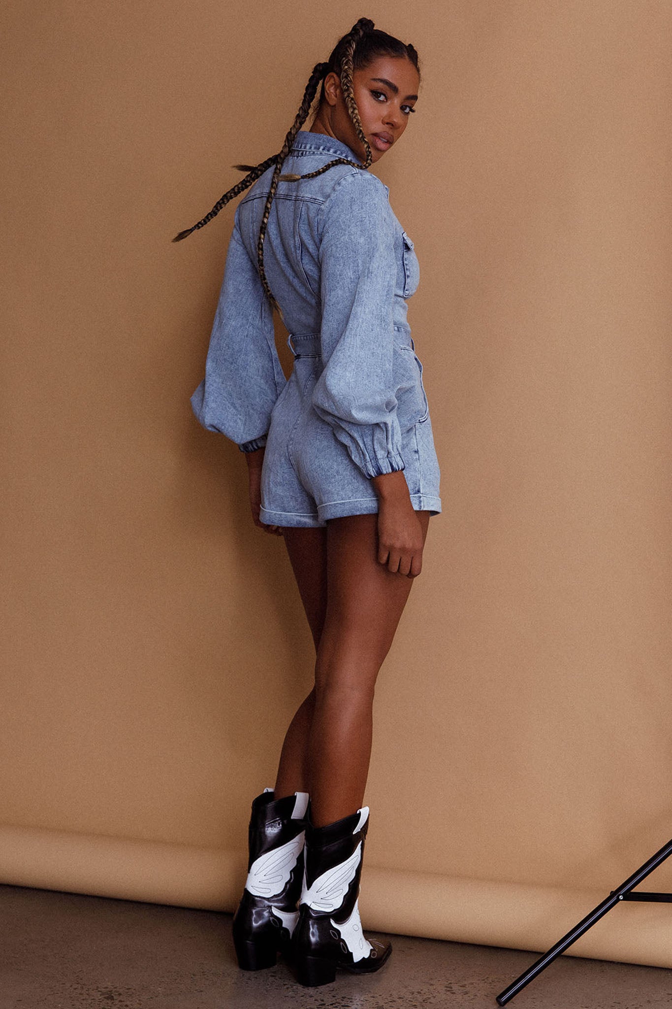 California Girl Lantern Sleeve Waist Tie Romper Blue by Selfie Leslie