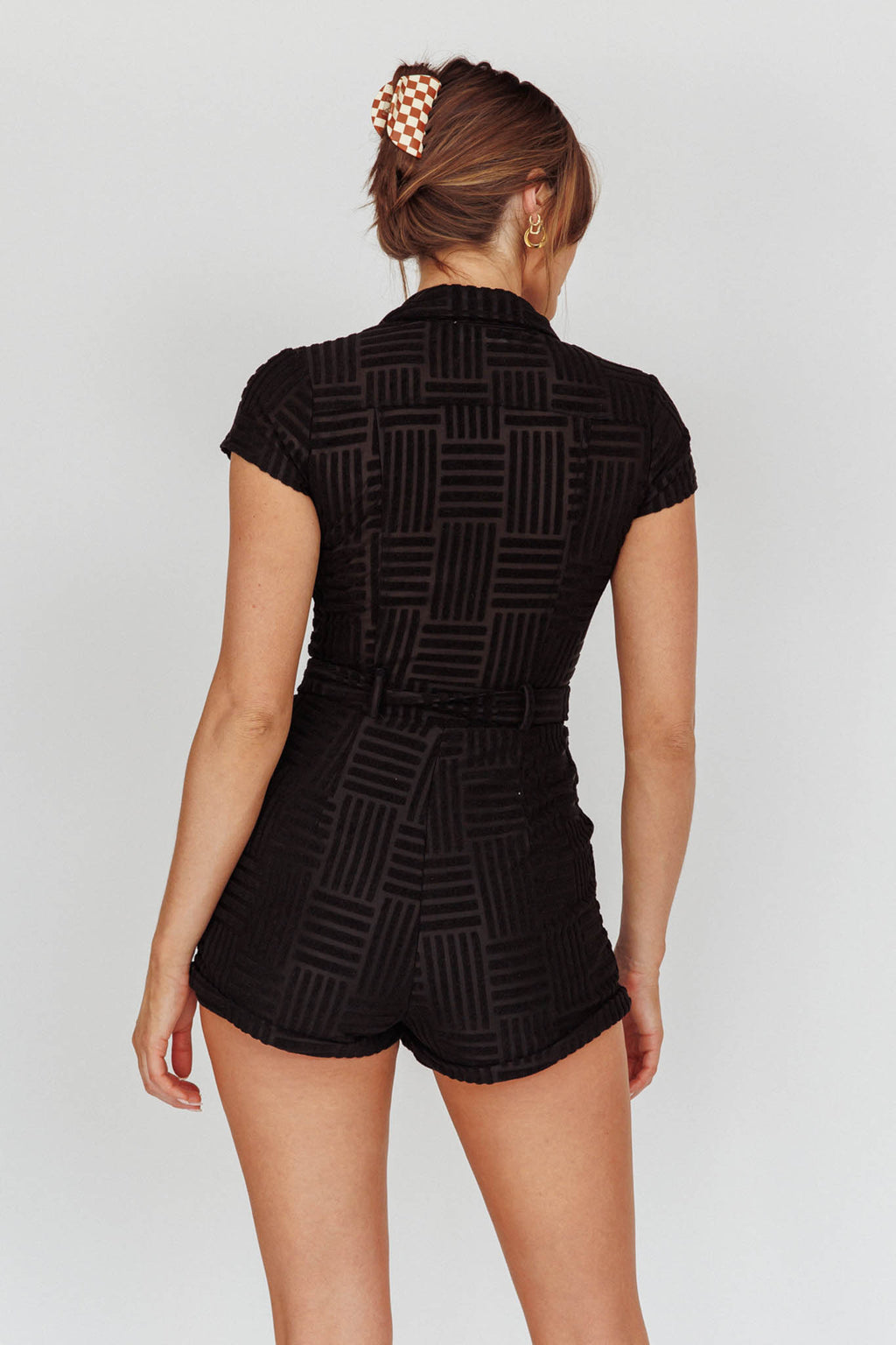 California Girl Short Sleeve Waist Tie Romper Black by Selfie Leslie