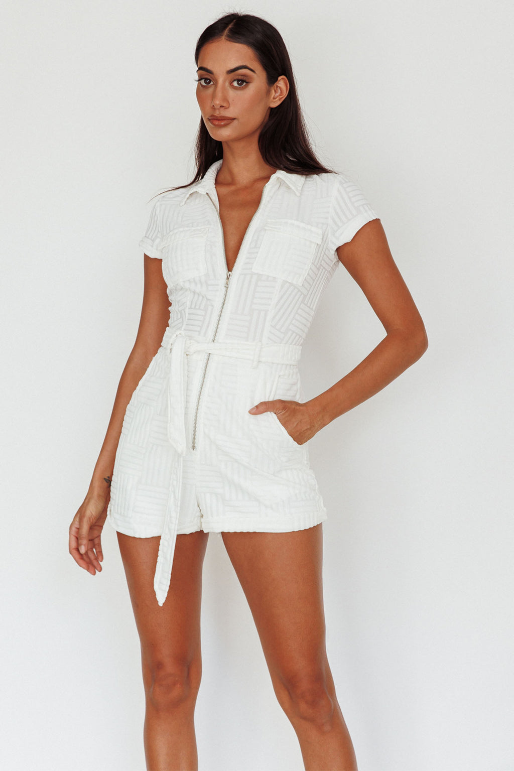 California Girl Short Sleeve Waist Tie Romper White by Selfie Leslie