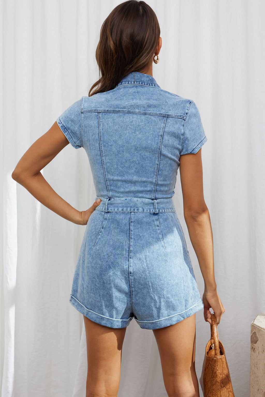California Girl Short Sleeve Waist Tie Romper Denim Blue by Selfie Leslie