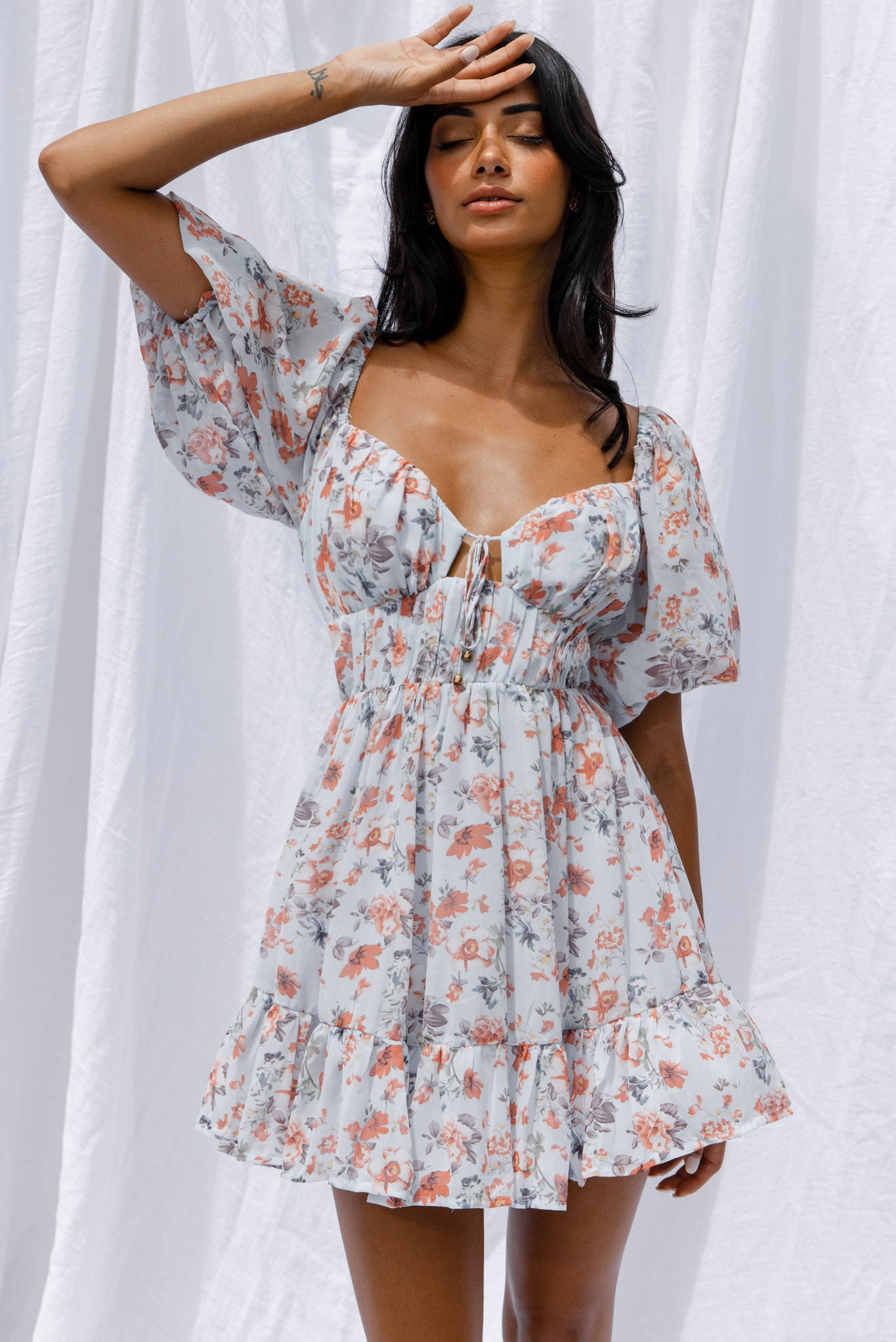 Vista Del Mar Tied Bust Mini Dress Floral Steel Blue by Selfie Leslie
