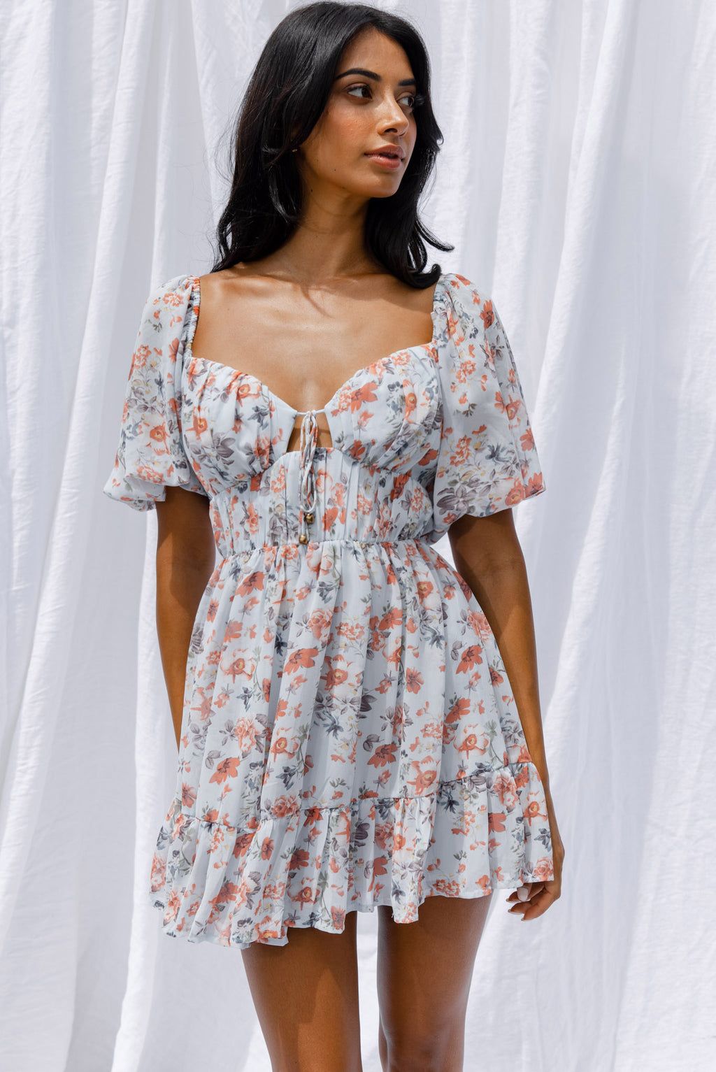 Vista Del Mar Tied Bust Mini Dress Floral Steel Blue by Selfie Leslie