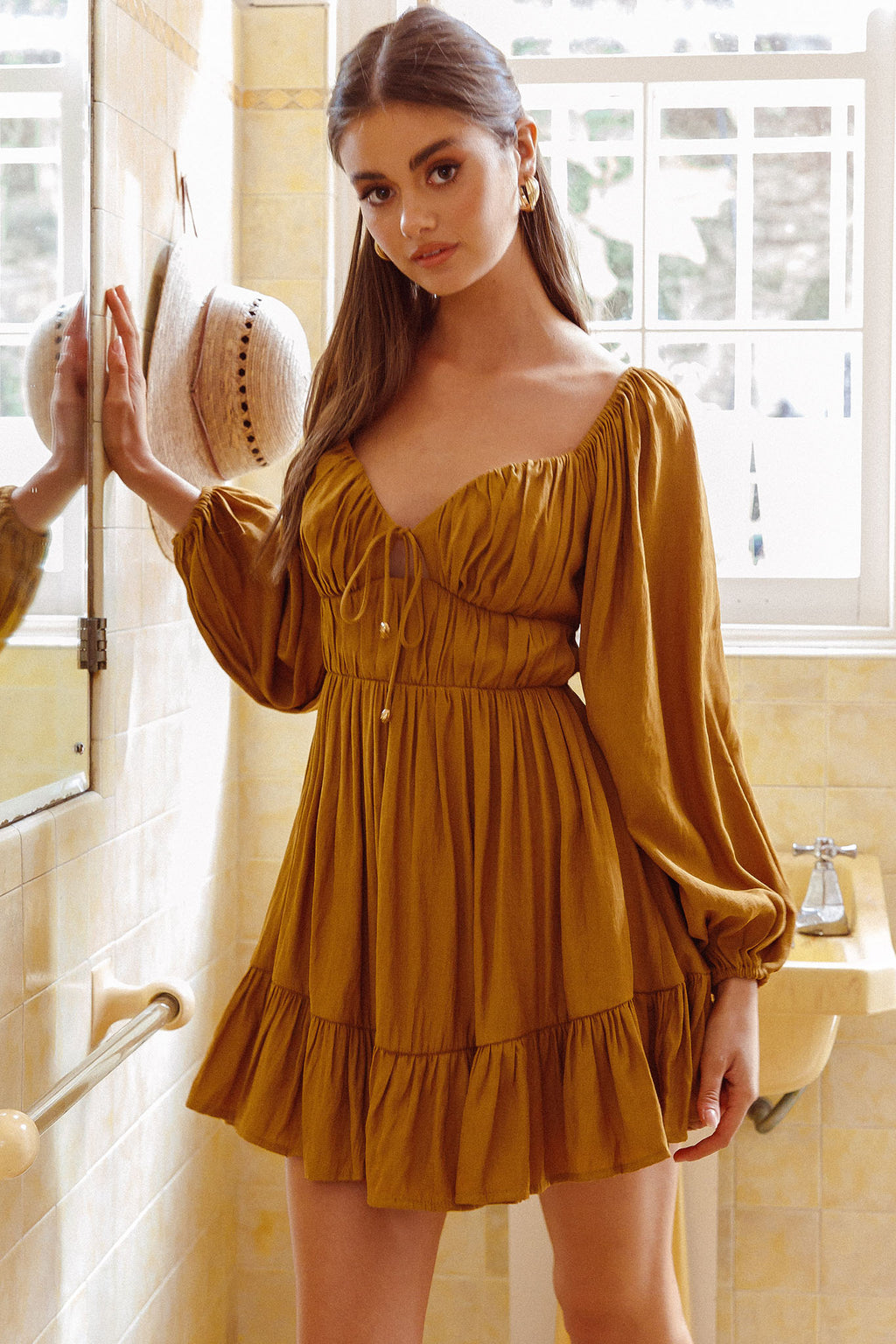 Vista Del Mar Tied Bust Mini Dress Tan by Selfie Leslie