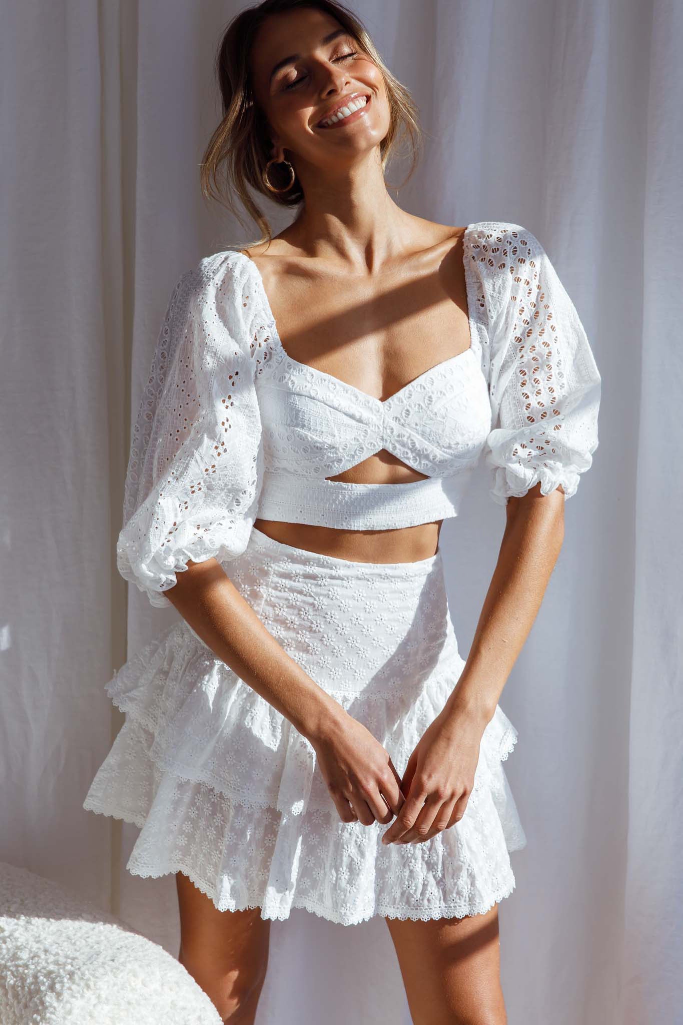 Aisha Puff Sleeve Tie Back Broderie Anglaise Crop Top White by Selfie Leslie