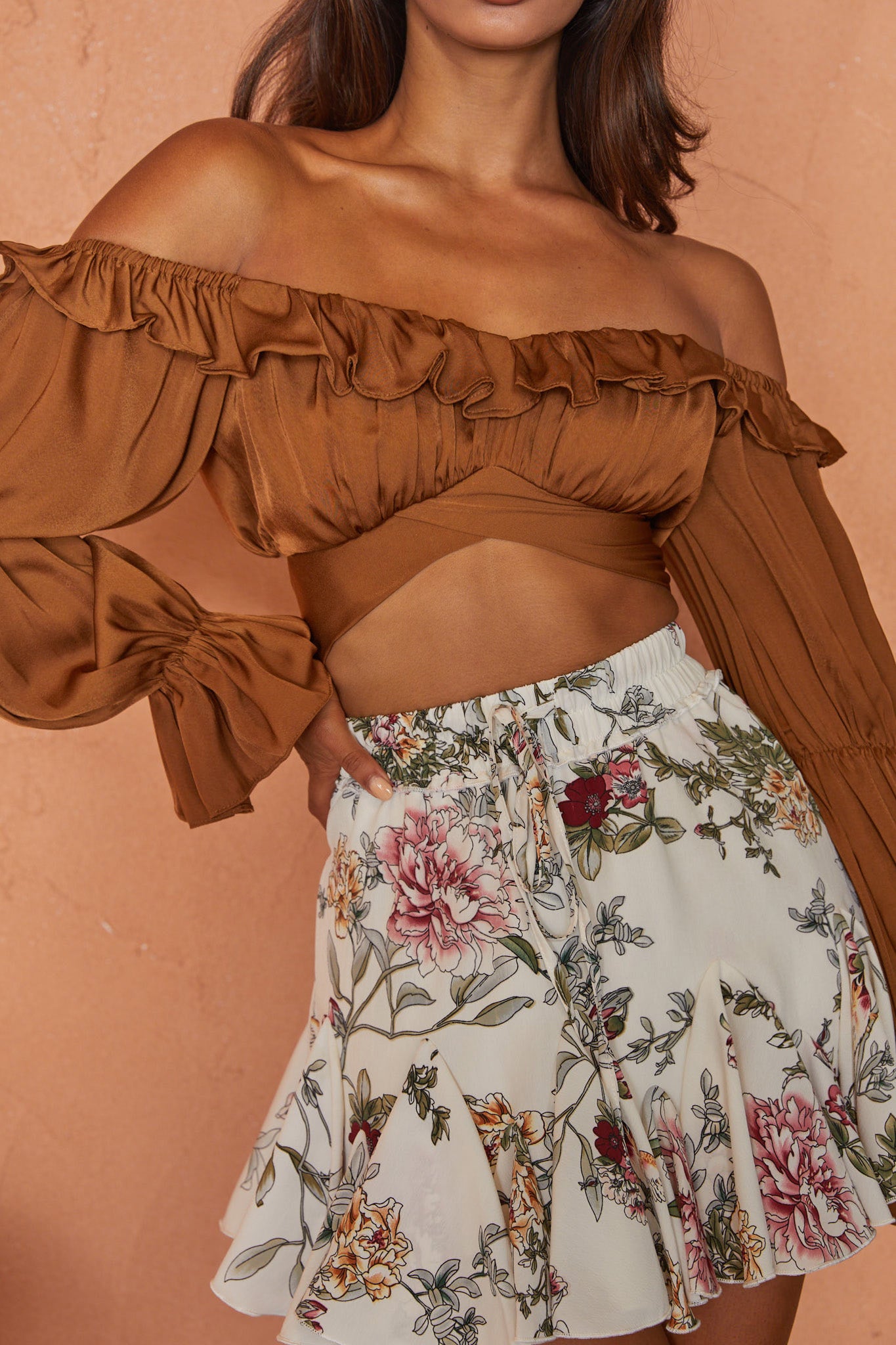 Arya Long Sleeve Tie-Back Crop Top Chocolate by Selfie Leslie