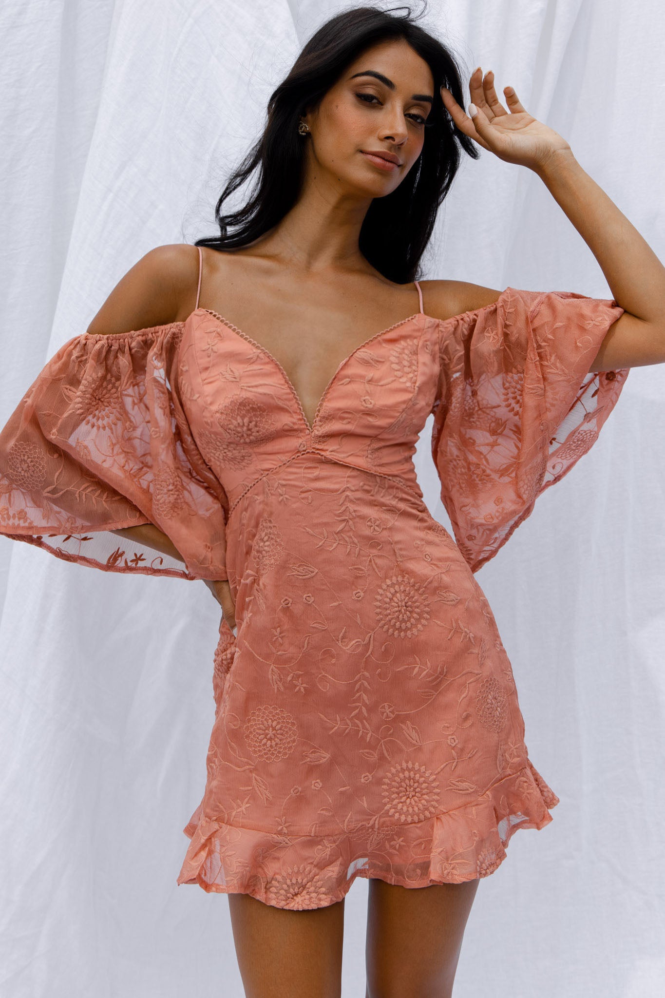 Koda Bell Sleeve Lace-Up Back Mini Dress Peach by Selfie Leslie