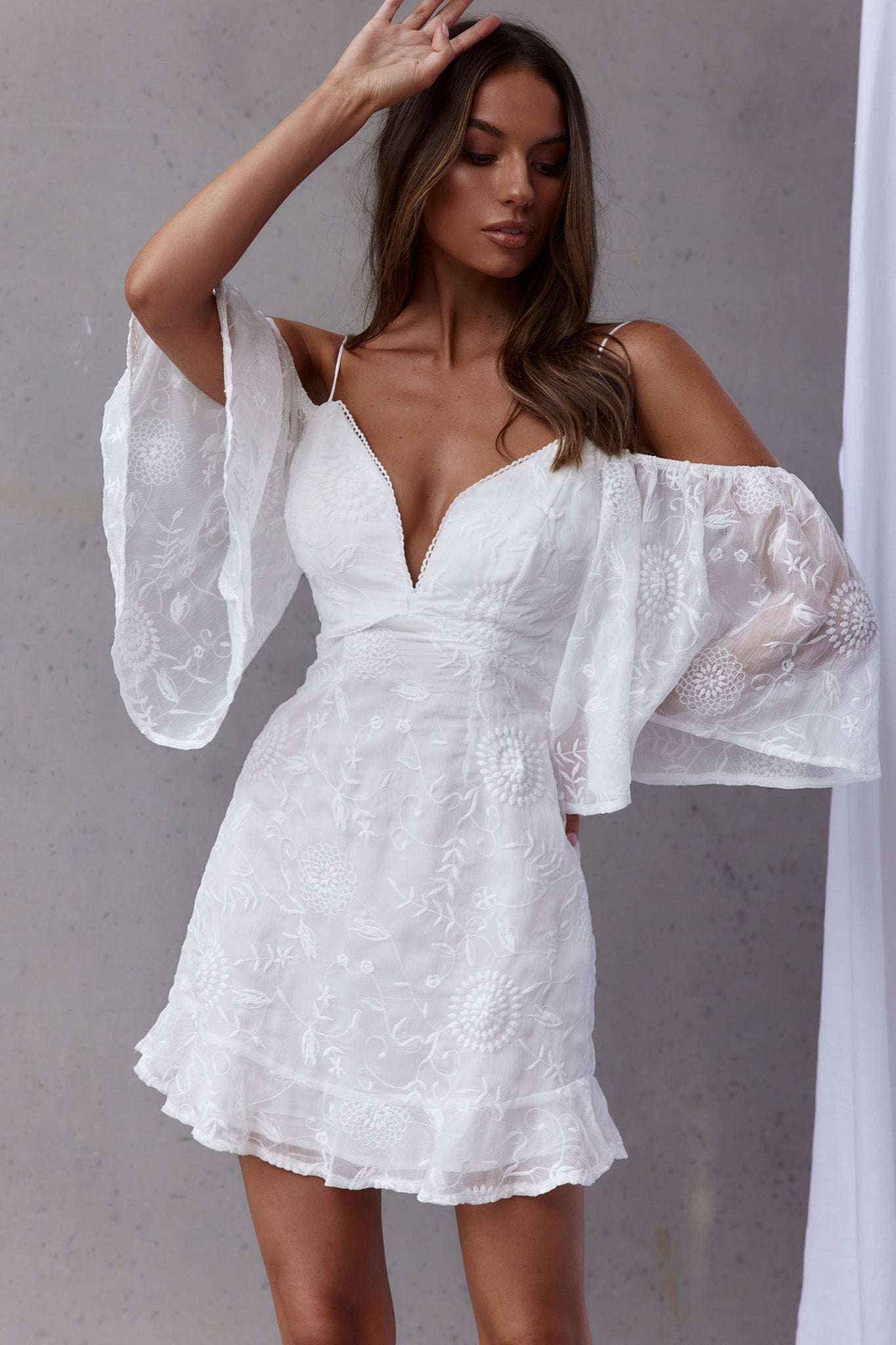 Shop the Koda Bell Sleeve Lace-Up Back Mini Dress White