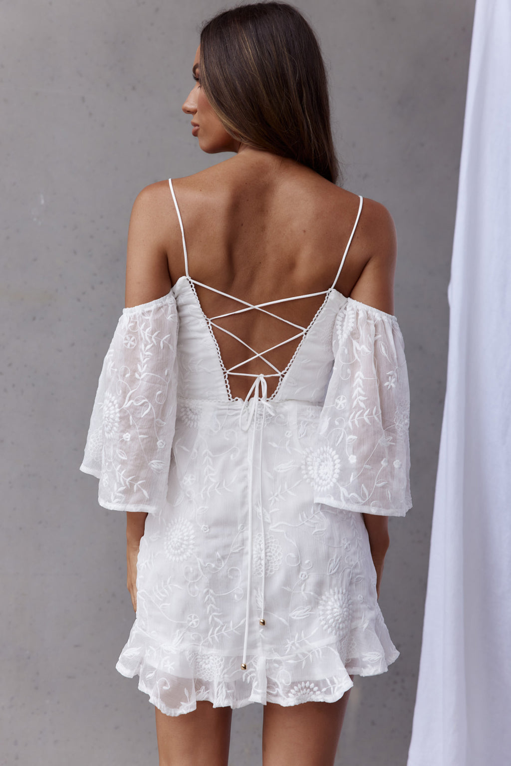 Koda Bell Sleeve Lace-Up Back Mini Dress White by Selfie Leslie