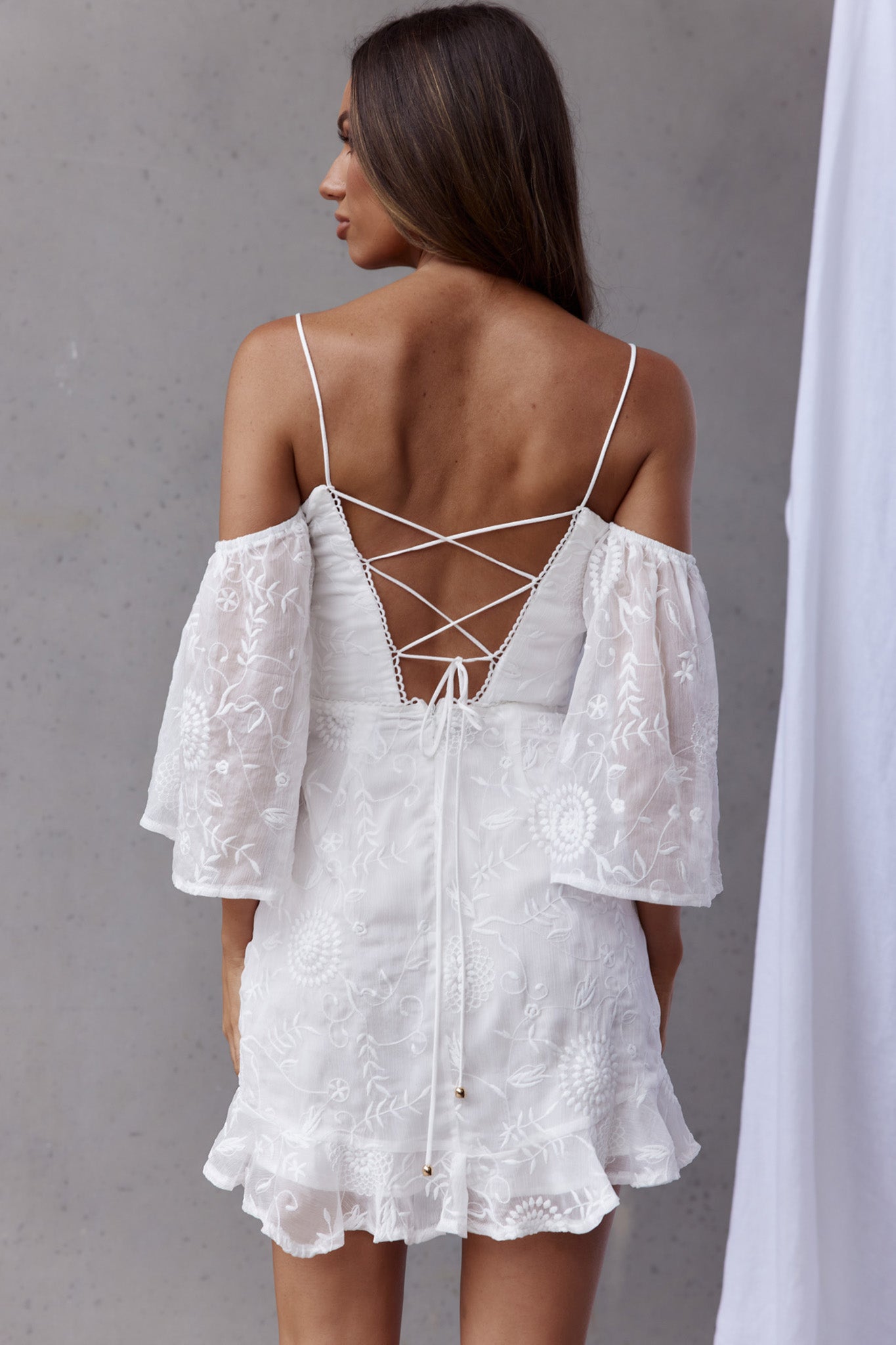 Koda Bell Sleeve Lace-Up Back Mini Dress White by Selfie Leslie