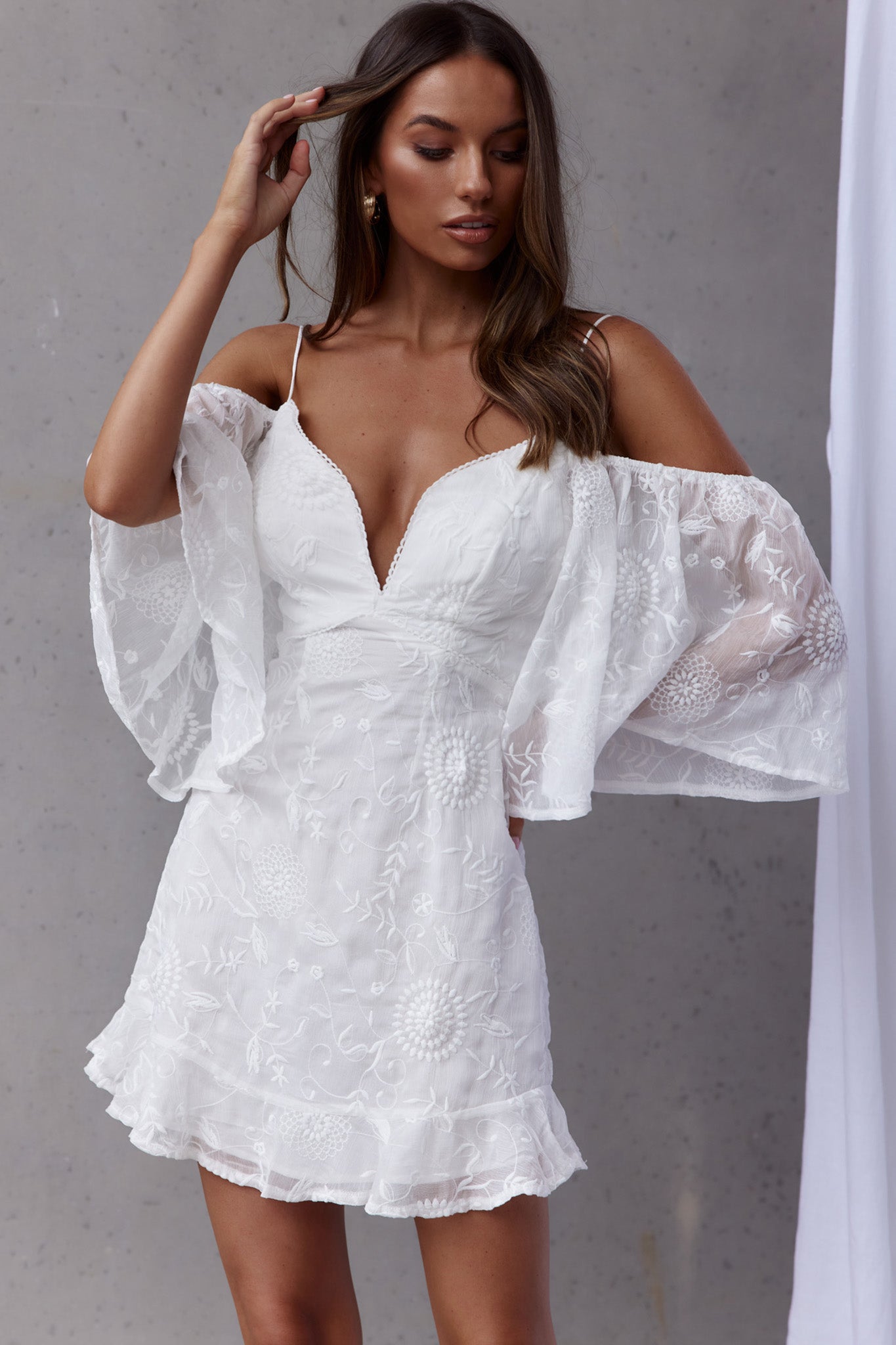 Koda Bell Sleeve Lace-Up Back Mini Dress White by Selfie Leslie