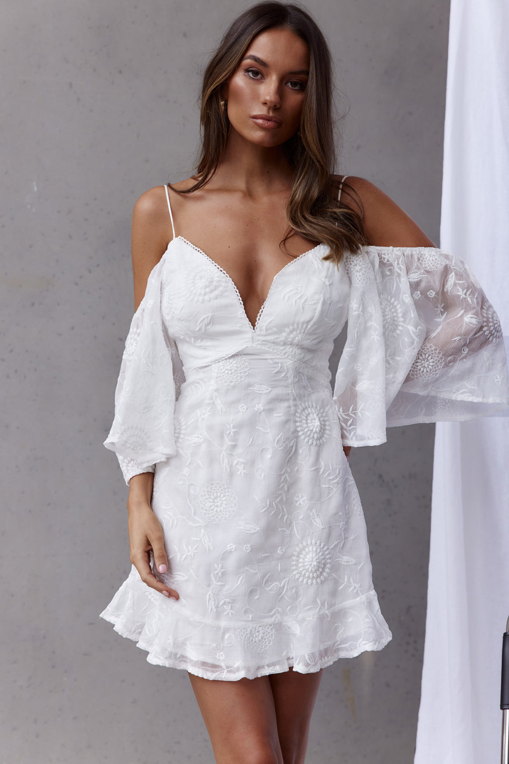Koda Bell Sleeve Lace-Up Back Mini Dress White by Selfie Leslie
