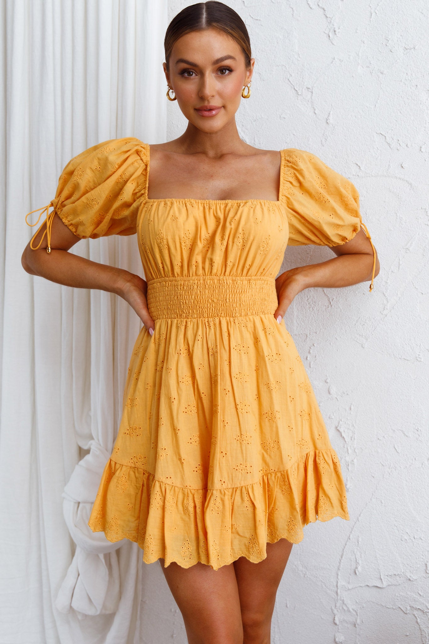 Sweet Devotion Puff Sleeve Shirred Waist Eyelet Mini Dress Orange by Selfie Leslie