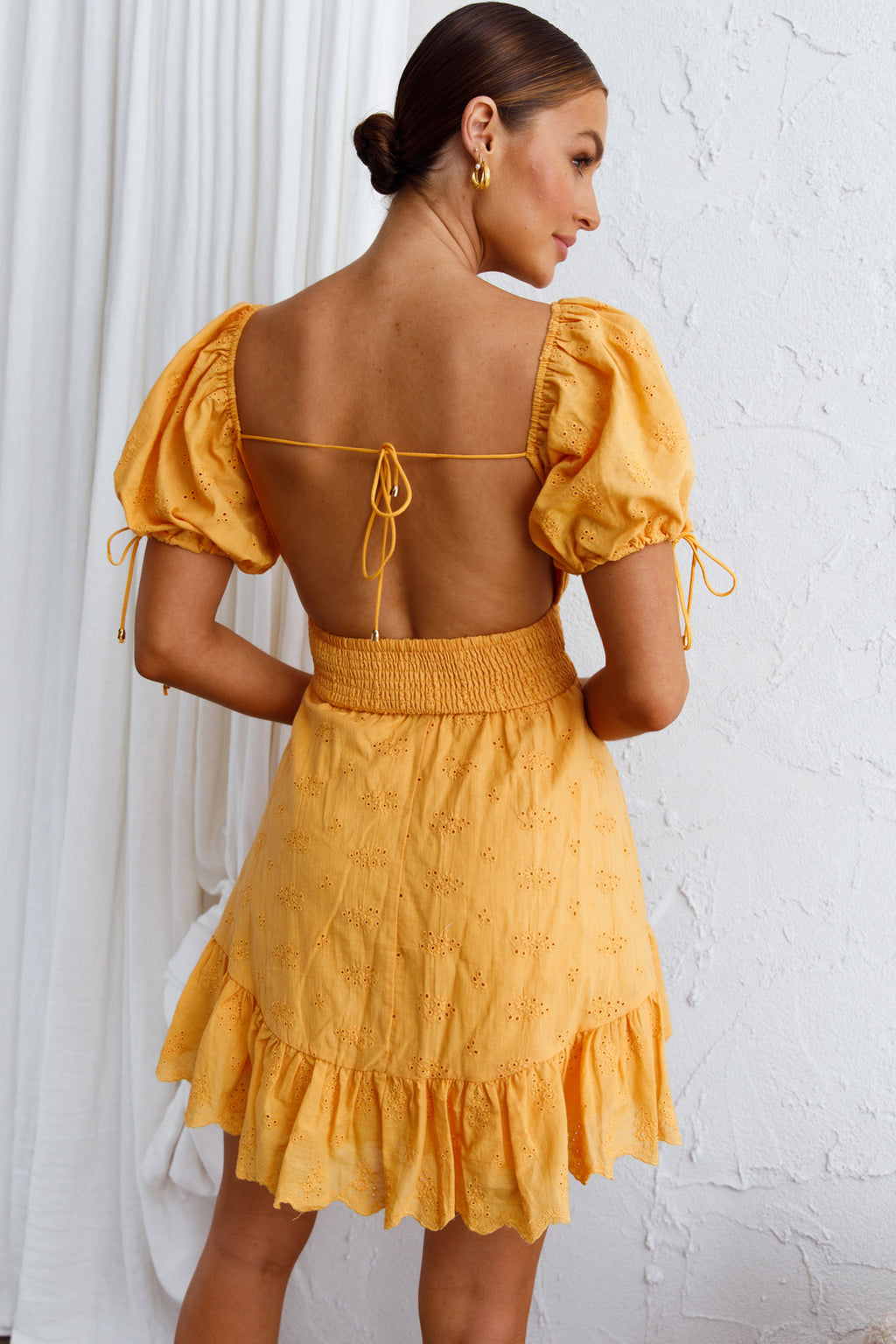 Sweet Devotion Puff Sleeve Shirred Waist Eyelet Mini Dress Orange by Selfie Leslie