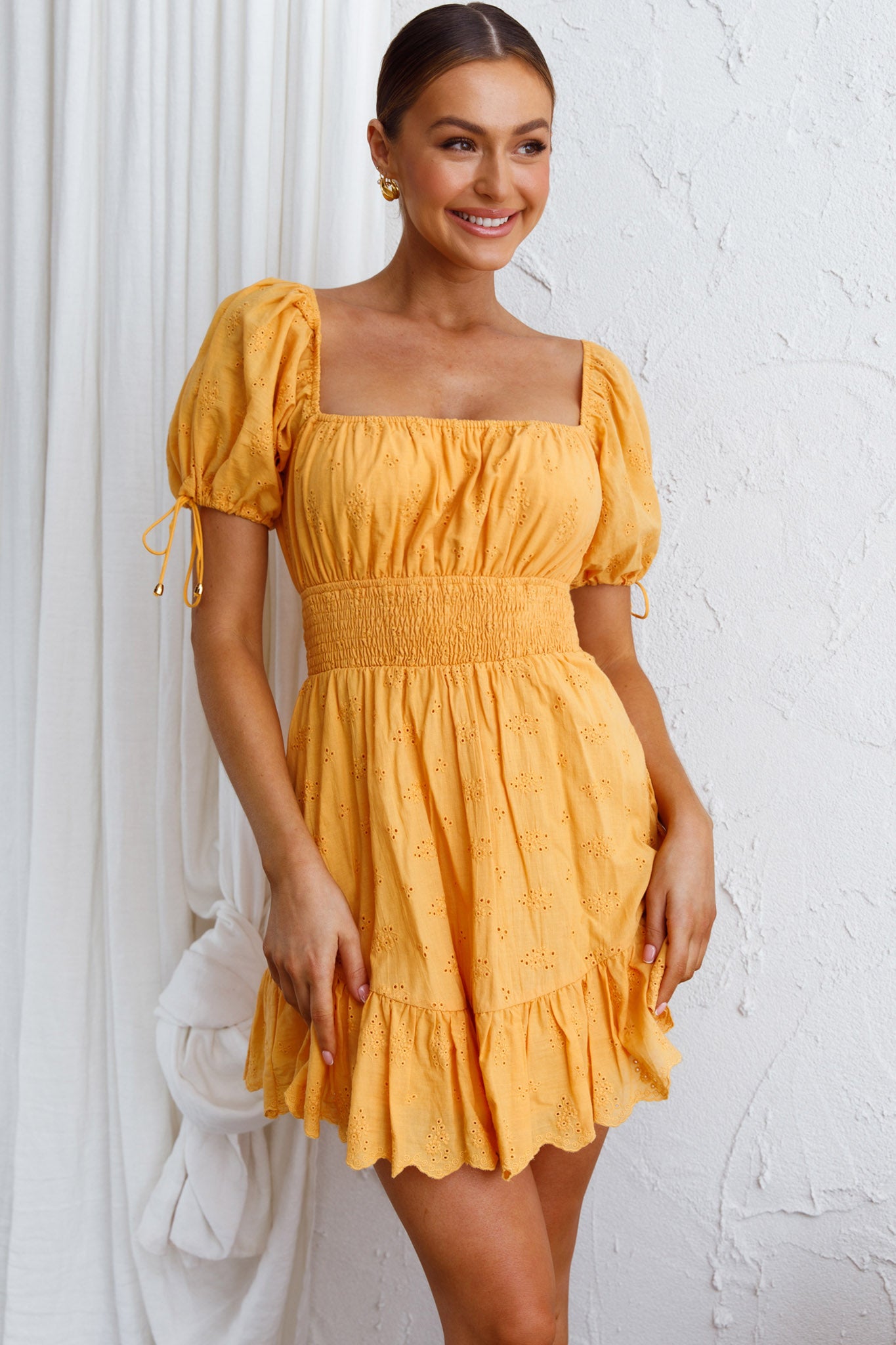 Sweet Devotion Puff Sleeve Shirred Waist Eyelet Mini Dress Orange by Selfie Leslie