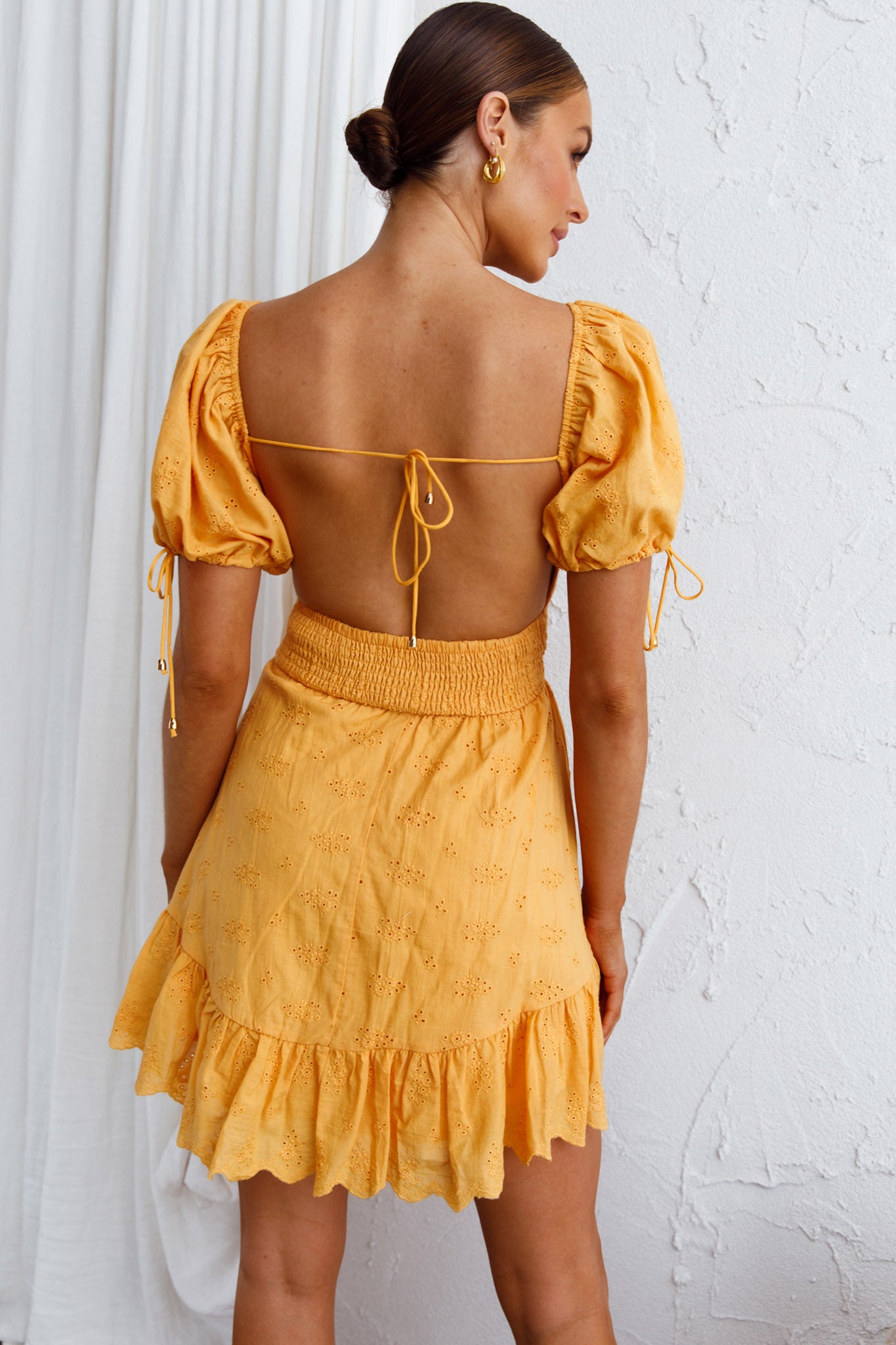 Sweet Devotion Puff Sleeve Shirred Waist Eyelet Mini Dress Orange by Selfie Leslie