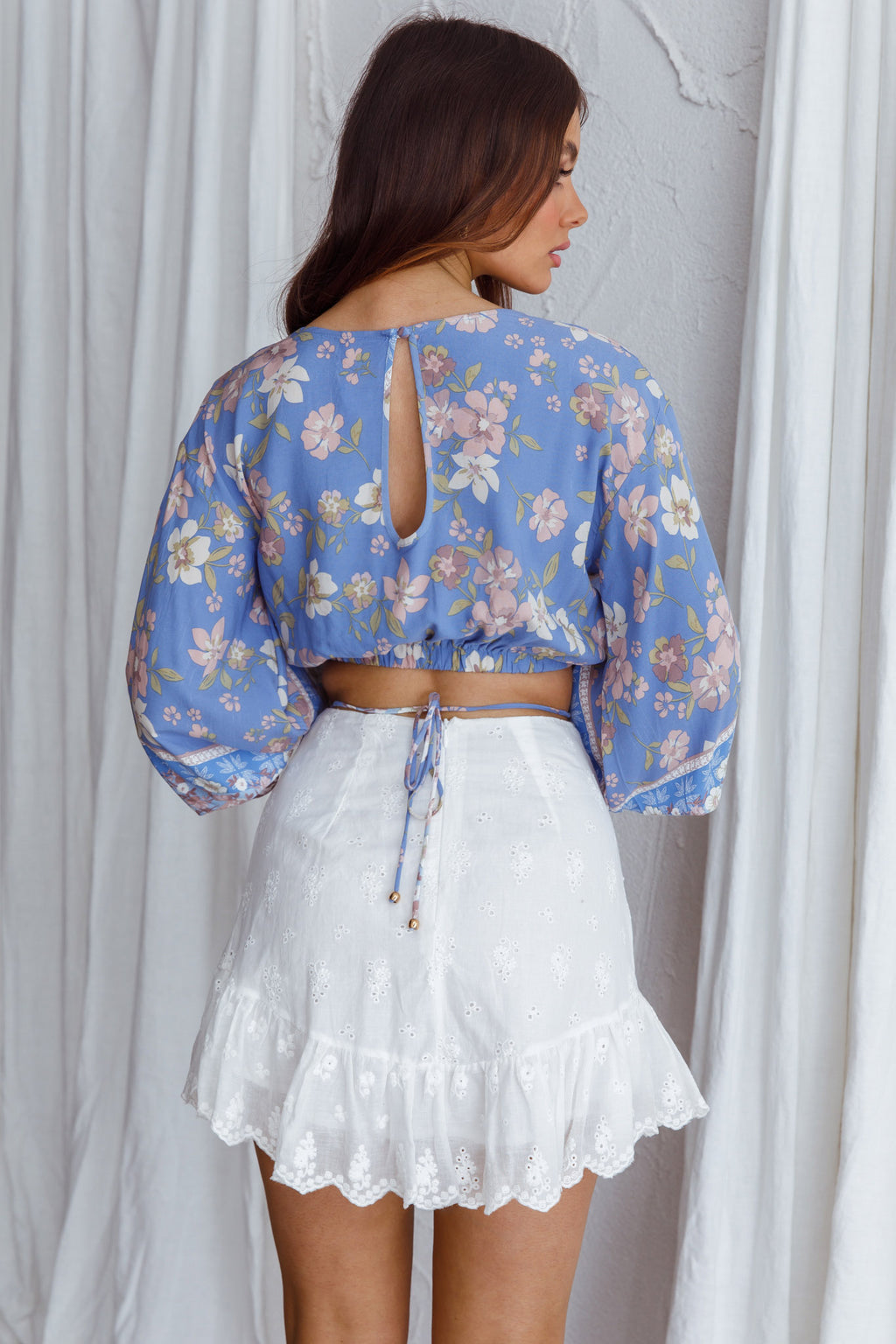 Sea View Long Sleeve Crop Top Floral Blue by Selfie Leslie