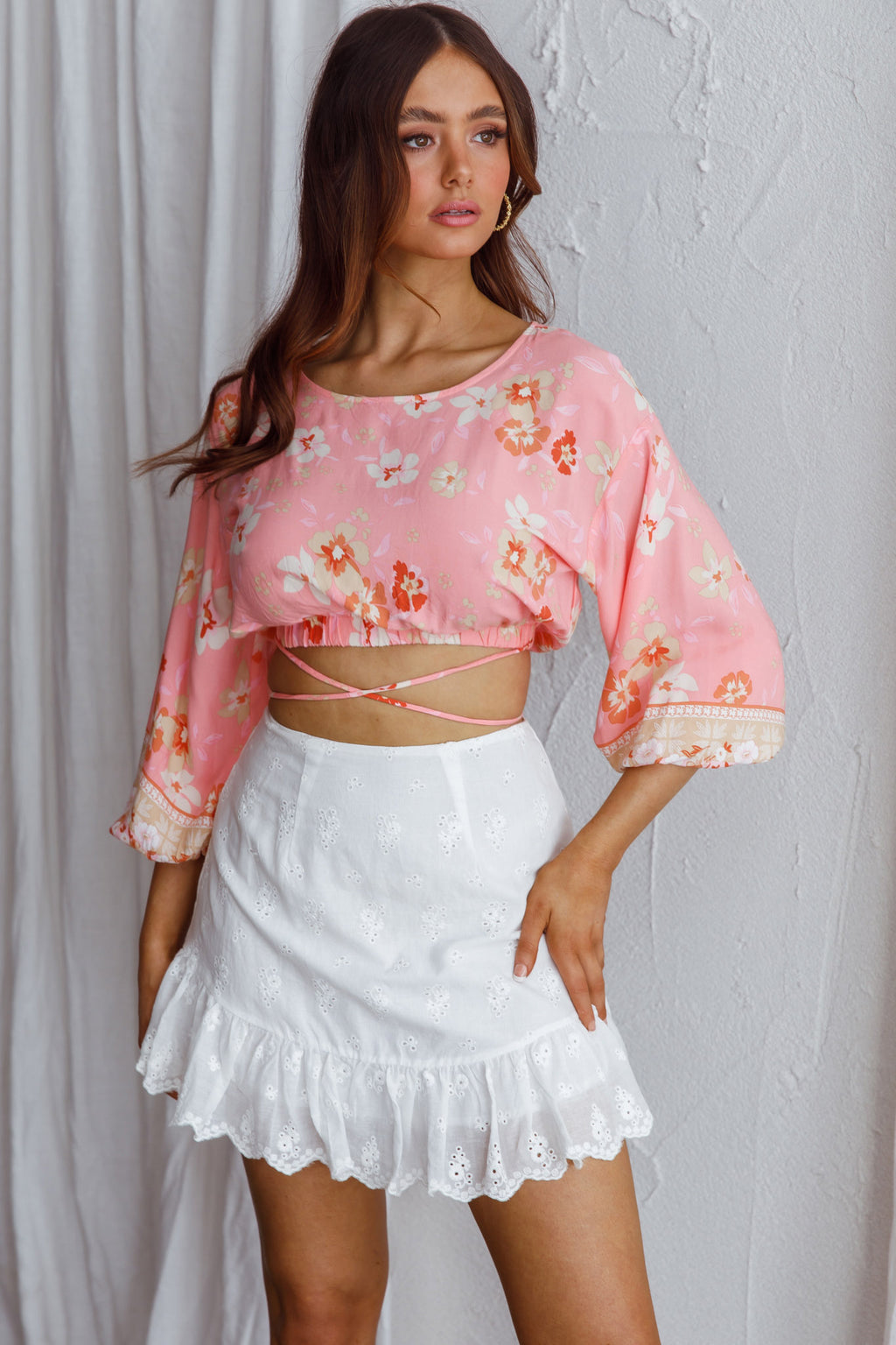 Sea View Long Sleeve Crop Top Floral Pink by Selfie Leslie