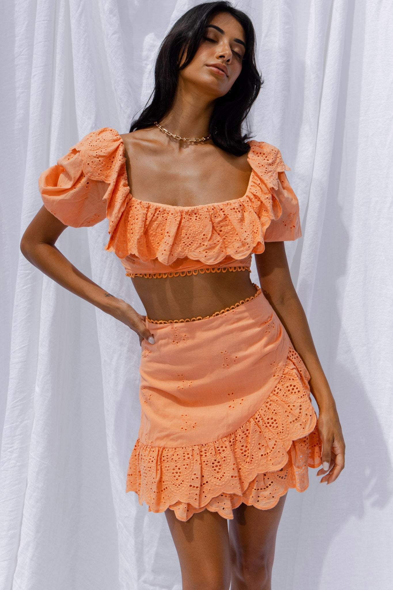 New Moon Scalloped Ruffle Trim Eyelet Skirt Orange by Selfie Leslie