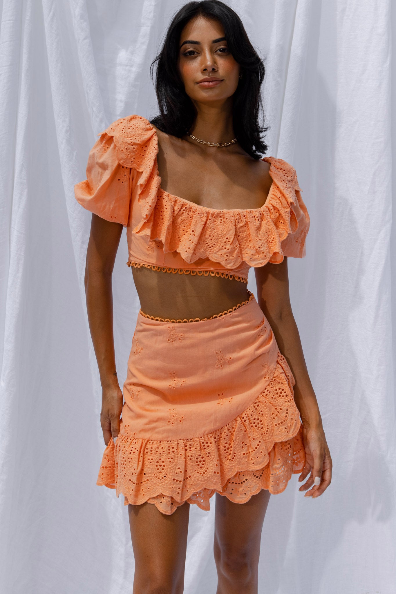 New Moon Scalloped Ruffle Trim Eyelet Skirt Orange by Selfie Leslie