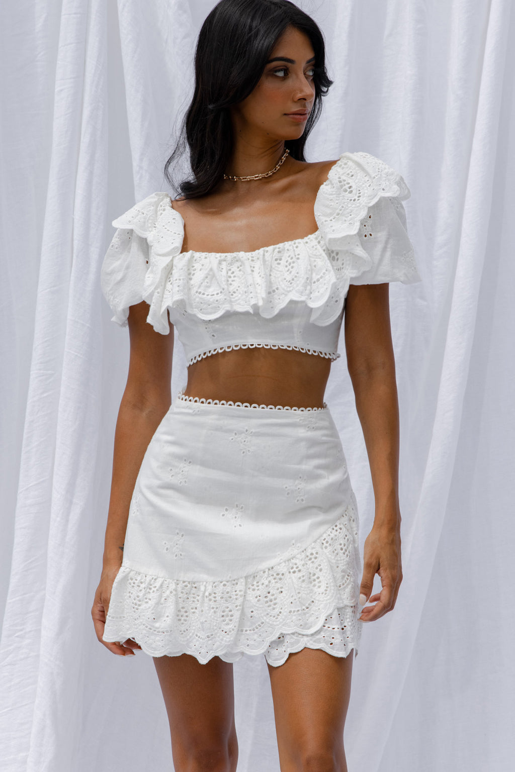 New Moon Scalloped Ruffle Trim Eyelet Skirt White by Selfie Leslie