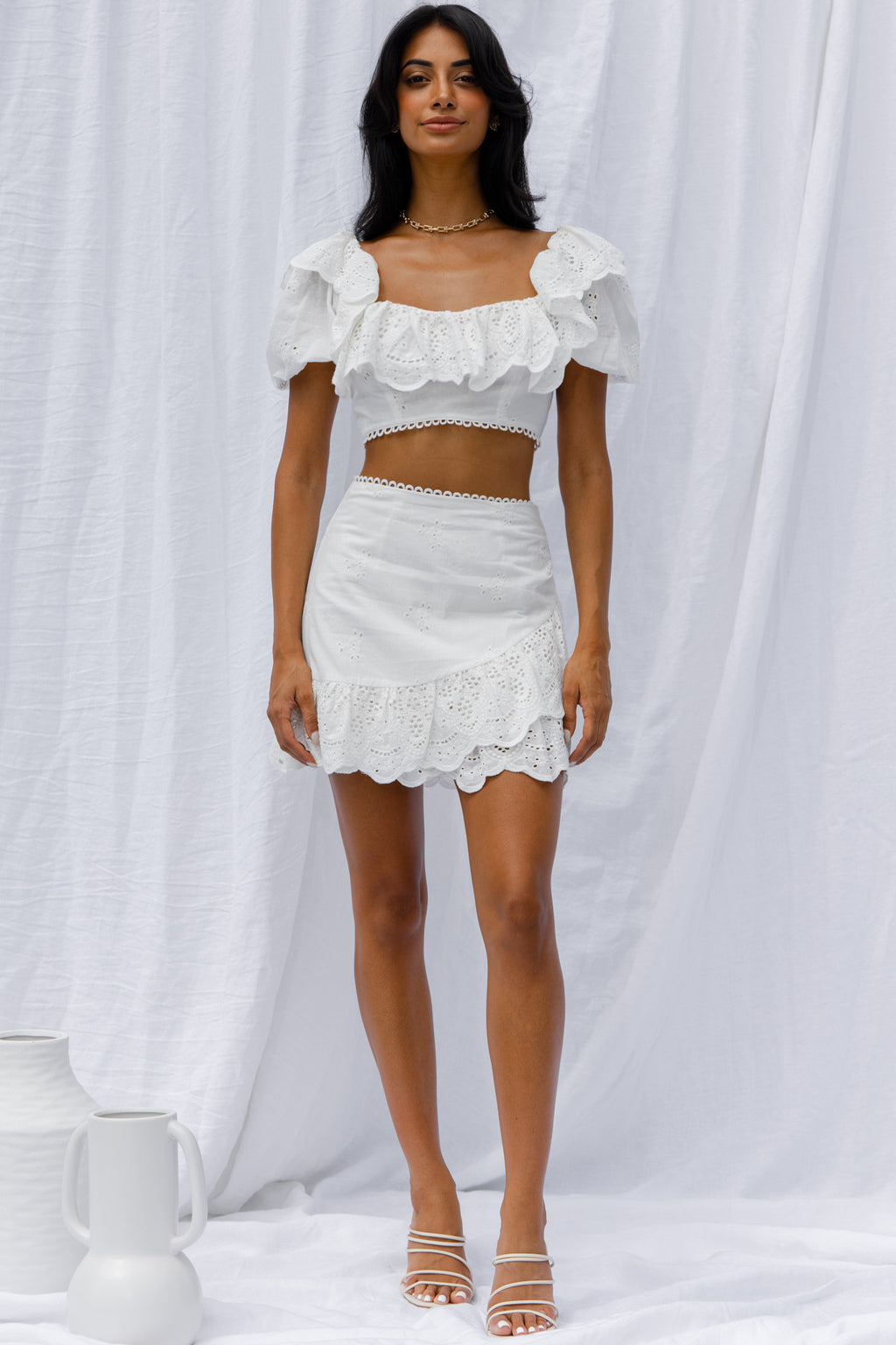 New Moon Scalloped Ruffle Trim Eyelet Skirt White by Selfie Leslie