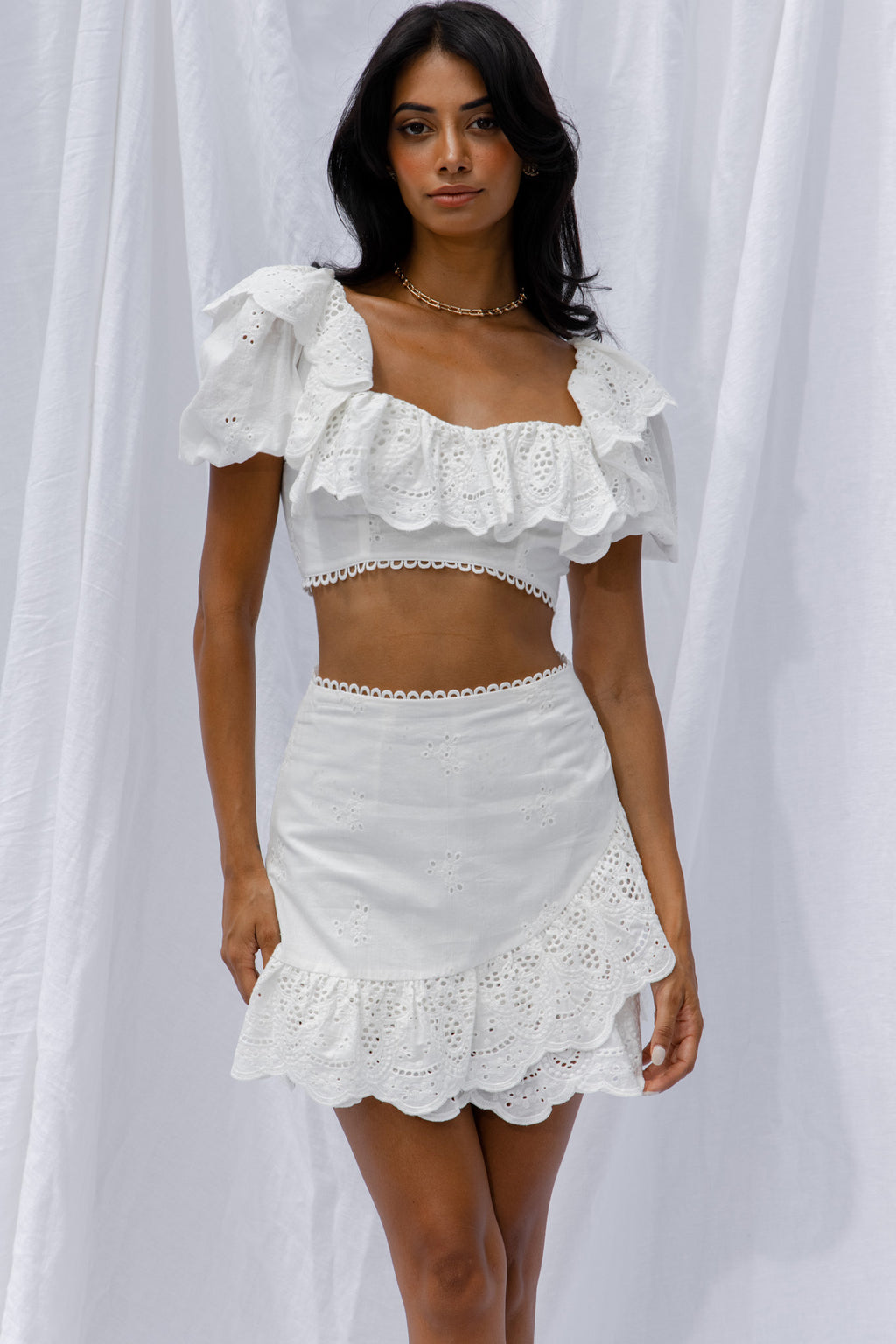 New Moon Scalloped Ruffle Trim Eyelet Skirt White by Selfie Leslie