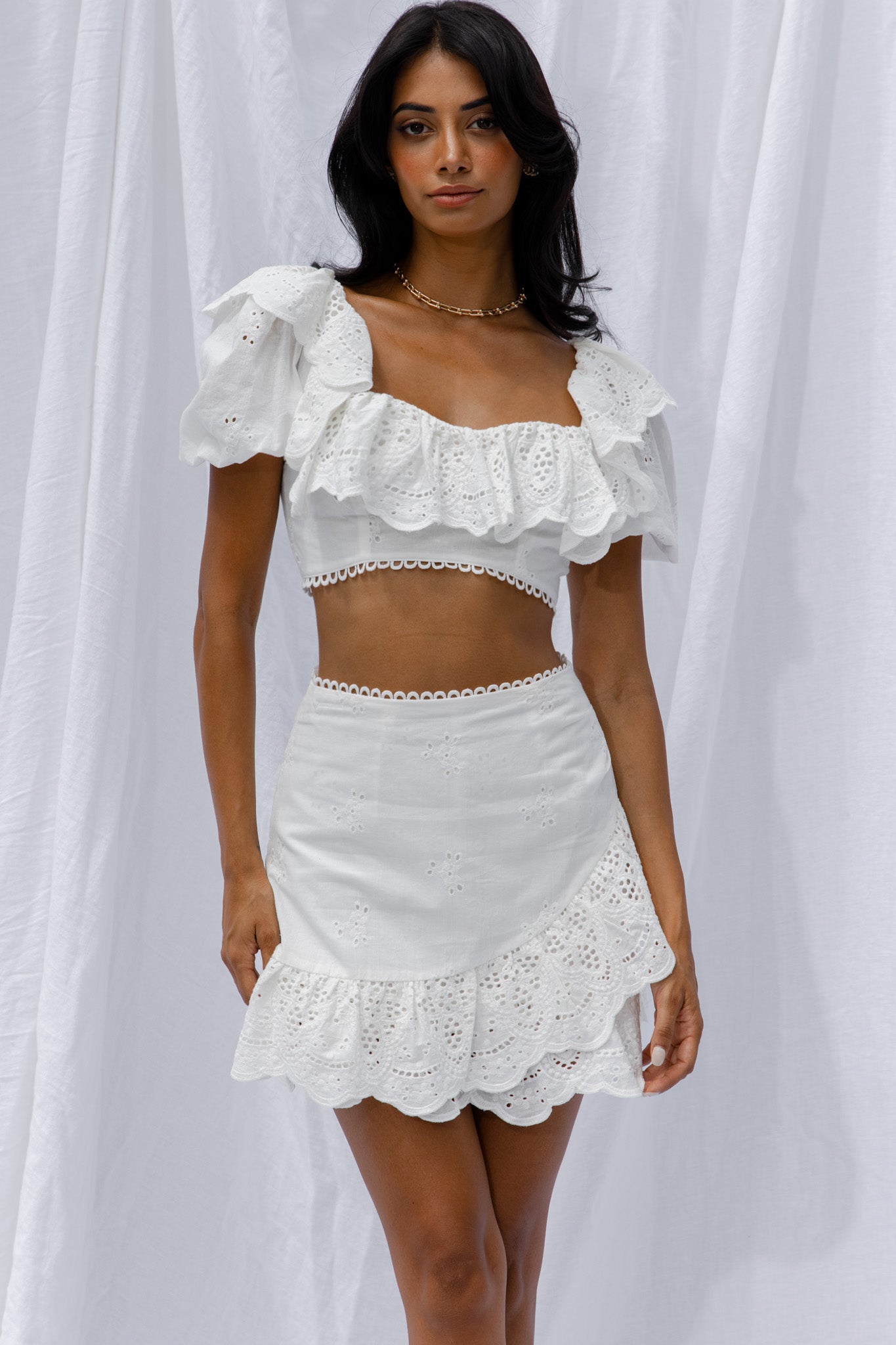 New Moon Scalloped Ruffle Trim Eyelet Skirt White by Selfie Leslie