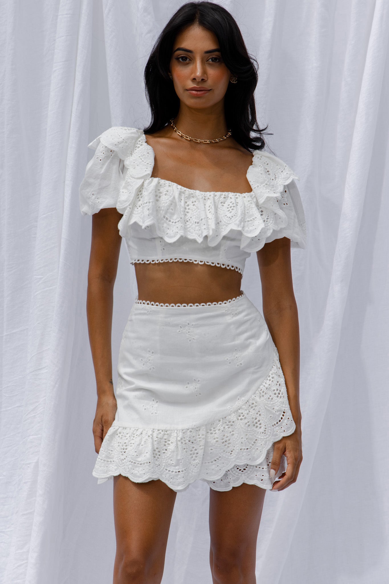New Moon Scalloped Ruffle Trim Eyelet Skirt White by Selfie Leslie