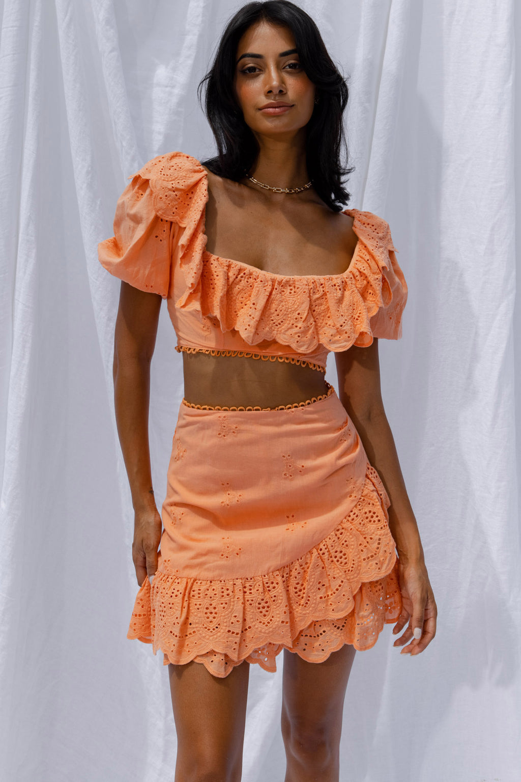 New Moon Ruffle Trim Puff Sleeve Eyelet Crop Top Orange by Selfie Leslie