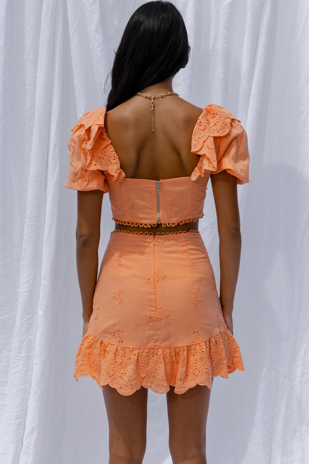 New Moon Ruffle Trim Puff Sleeve Eyelet Crop Top Orange by Selfie Leslie