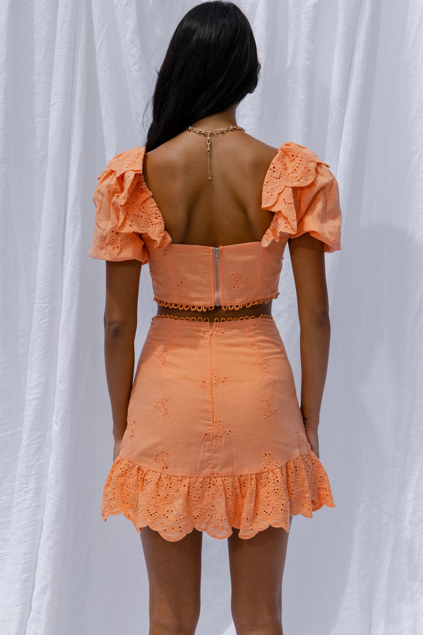 New Moon Ruffle Trim Puff Sleeve Eyelet Crop Top Orange by Selfie Leslie