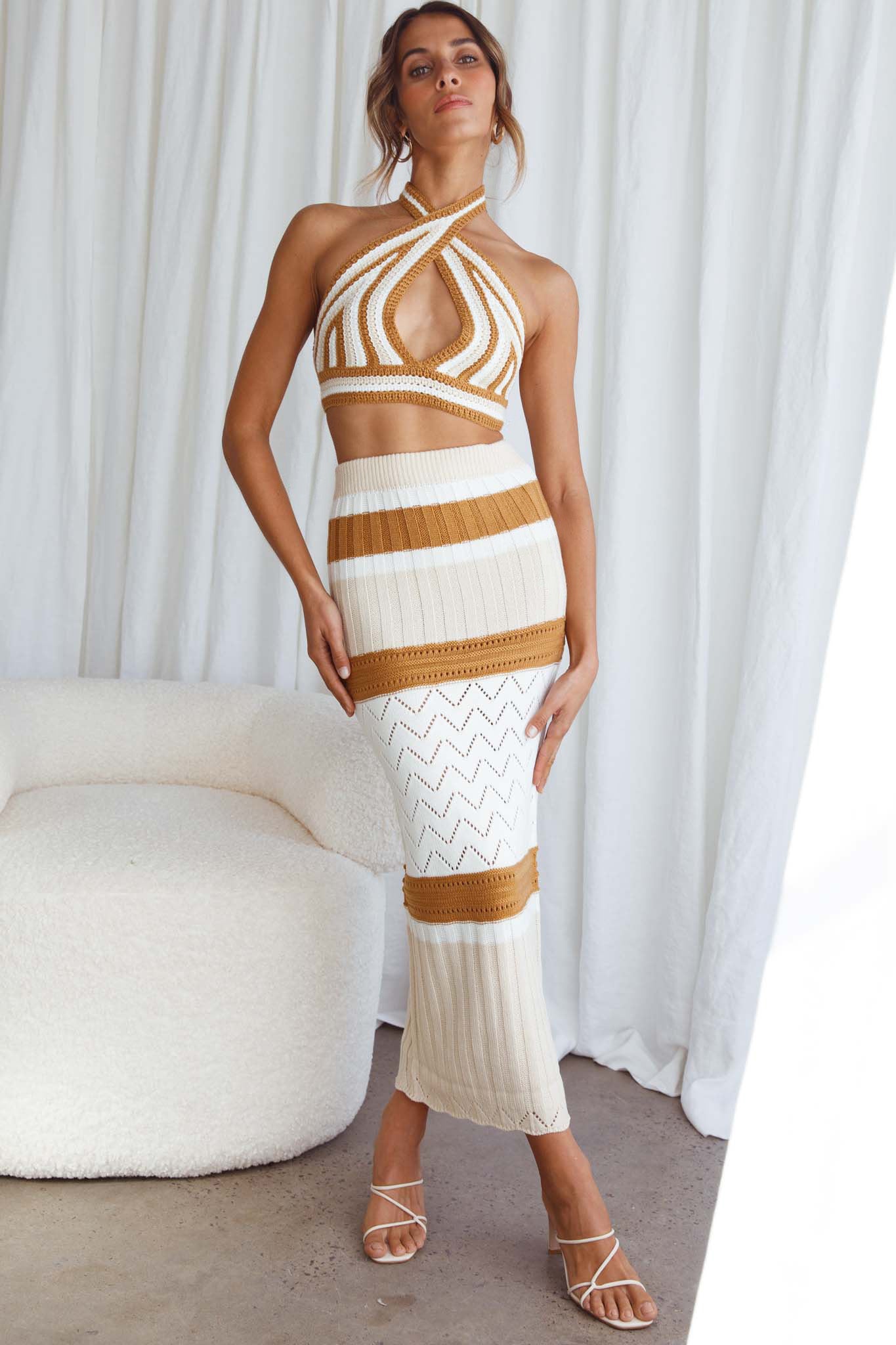 Higher Love Knit Halterneck Crop Top Striped Camel by Selfie Leslie
