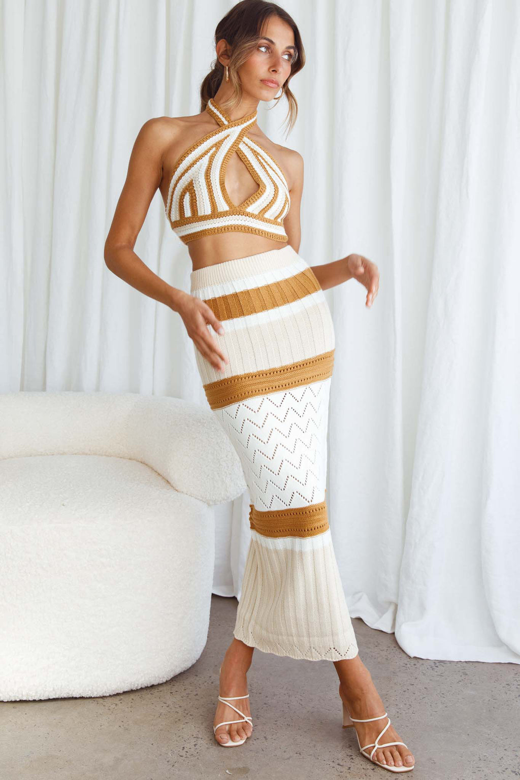 Higher Love Knit Halterneck Crop Top Striped Camel by Selfie Leslie