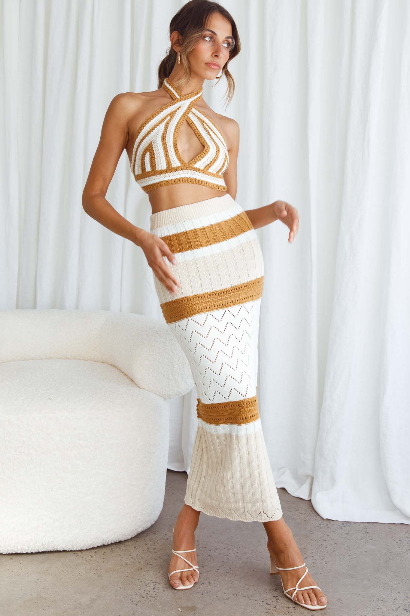 Higher Love Knit Halterneck Crop Top Striped Camel by Selfie Leslie