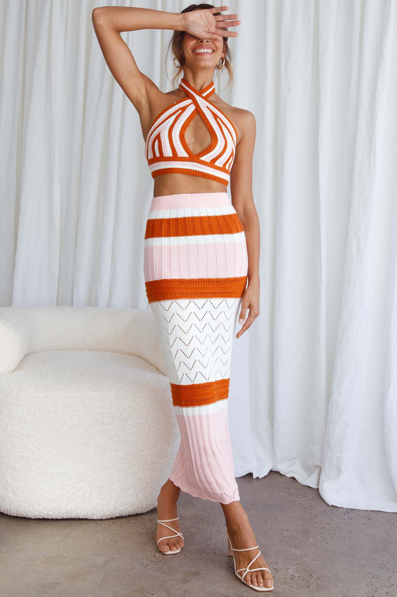 Higher Love Knit Halterneck Crop Top Striped Orange by Selfie Leslie