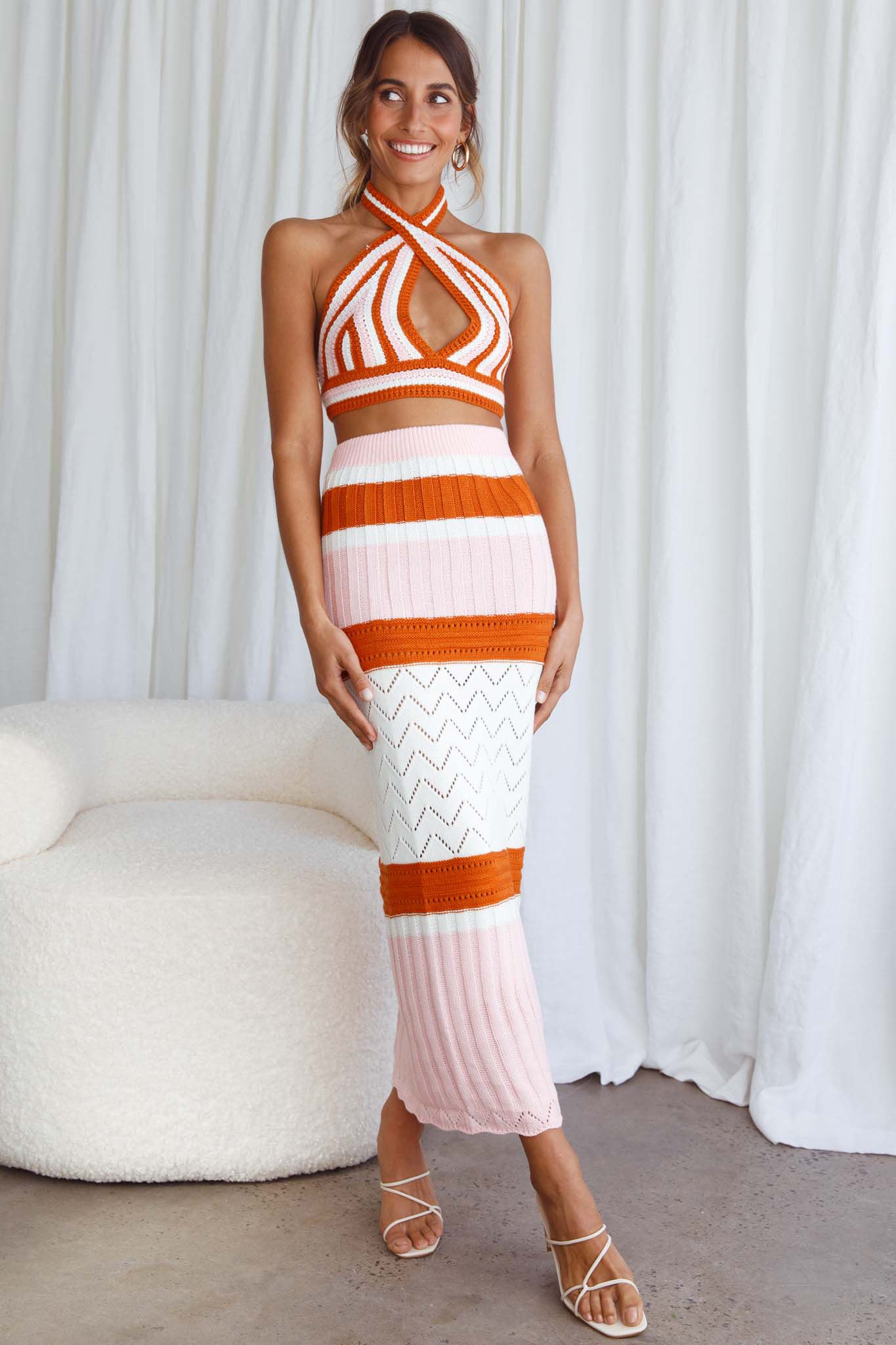 Higher Love Knit Halterneck Crop Top Striped Orange by Selfie Leslie