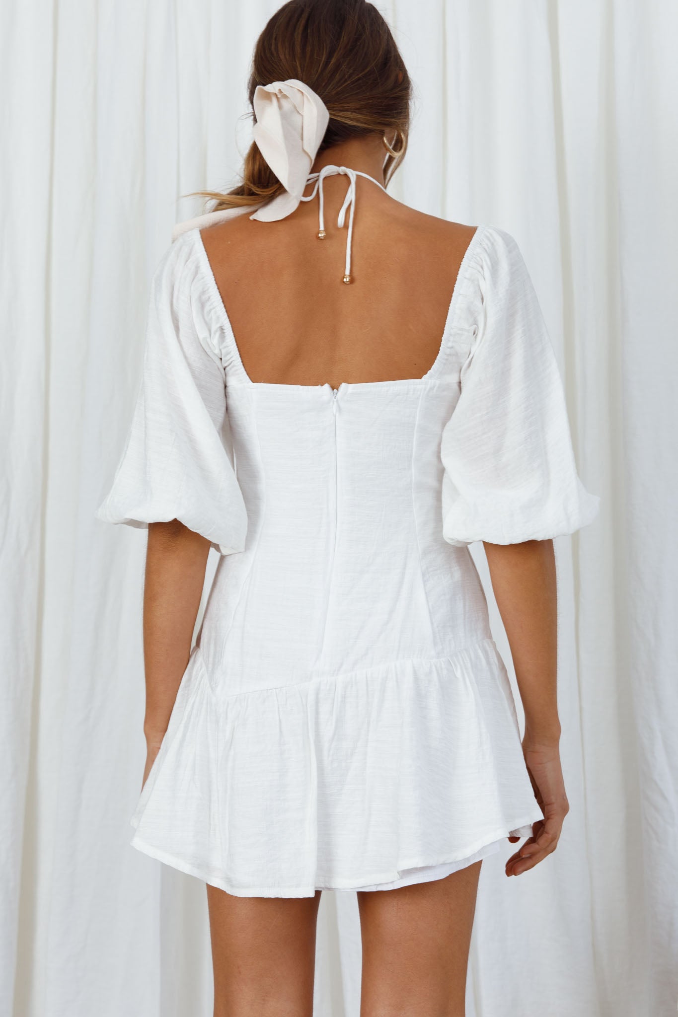Summertime String-Tie Halterneck Puff Sleeve Mini Dress White by Selfie Leslie